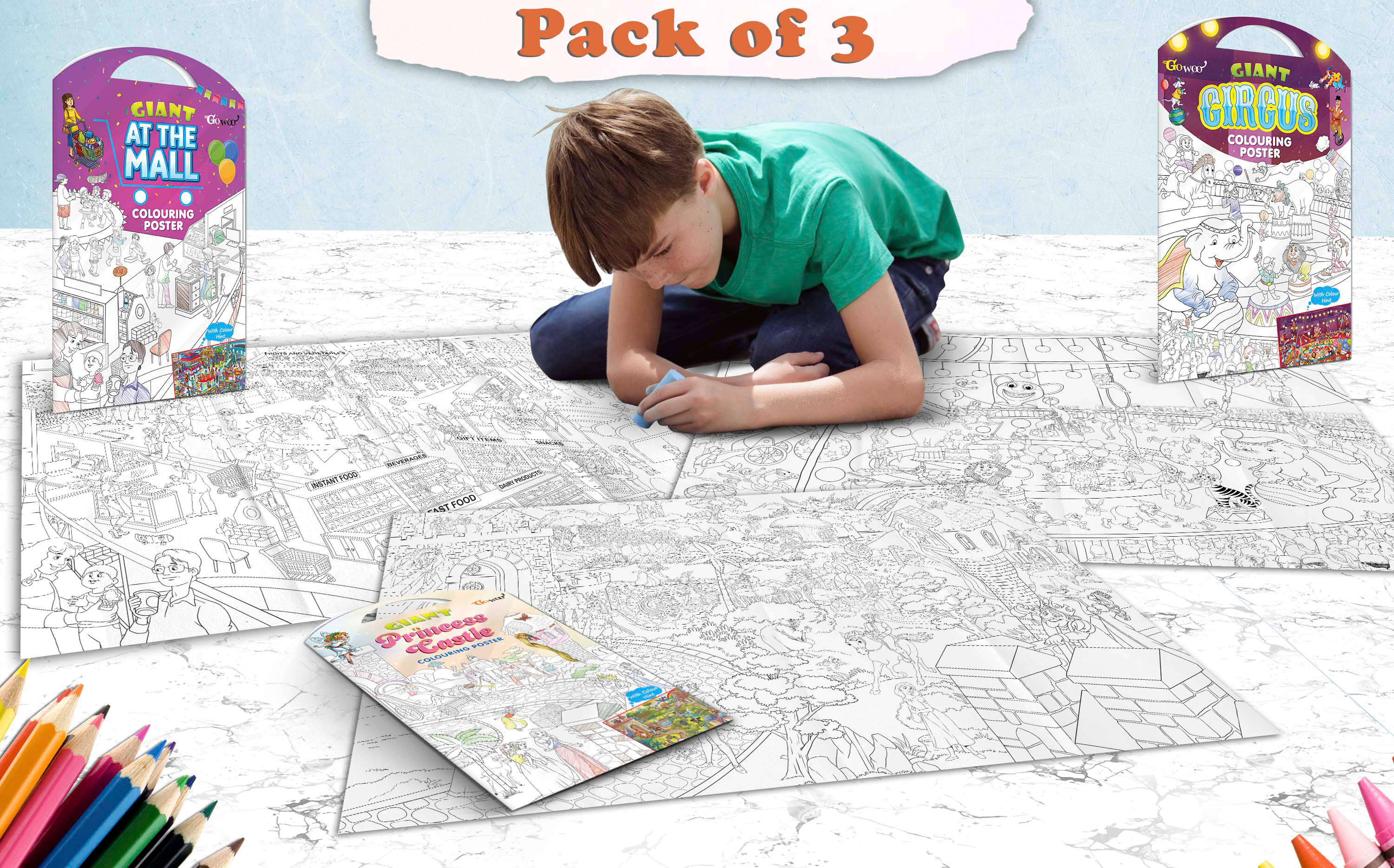     			GIANT AT THE MALL COLOURING POSTER, GIANT PRINCESS CASTLE COLOURING POSTER and GIANT CIRCUS COLOURING POSTER | Pack of 3 posters I perfect Gift for Growing Minds