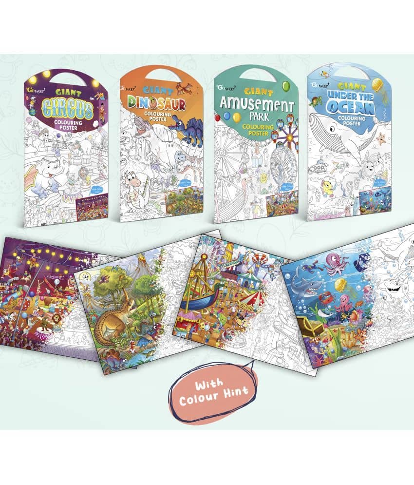 GIANT CIRCUS COLOURING POSTER, GIANT DINOSAUR COLOURING POSTER, GIANT AMUSEMENT PARK COLOURING POSTER and GIANT UNDER THE OCEAN COLOURING POSTER | Combo pack of 4 Posters I Best coloring posters for kids