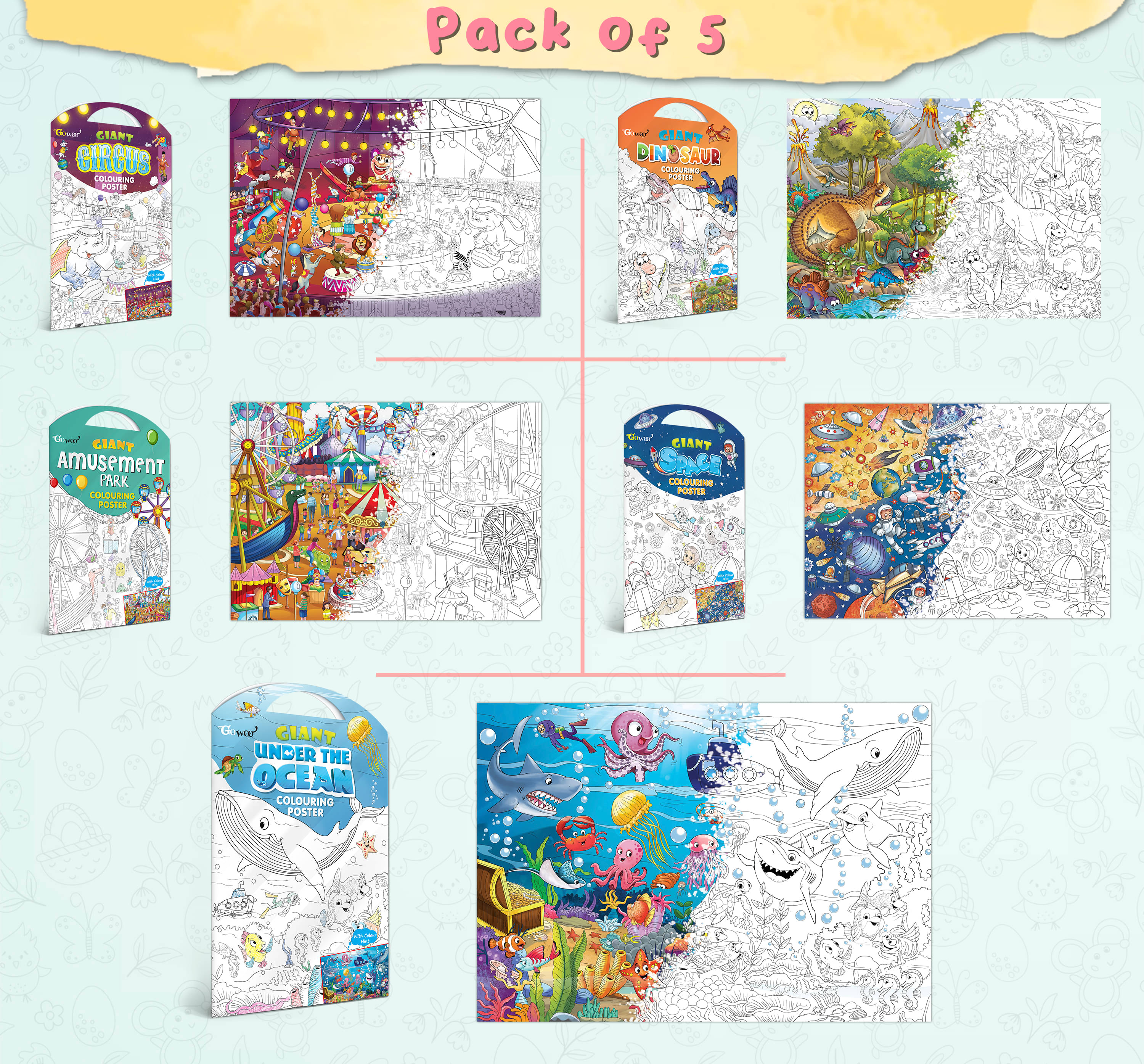     			GIANT CIRCUS COLOURING POSTER, GIANT DINOSAUR COLOURING POSTER, GIANT AMUSEMENT PARK COLOURING POSTER, GIANT SPACE COLOURING POSTER and GIANT UNDER THE OCEAN COLOURING POSTER | Set of 5 Posters I Popular coloring posters