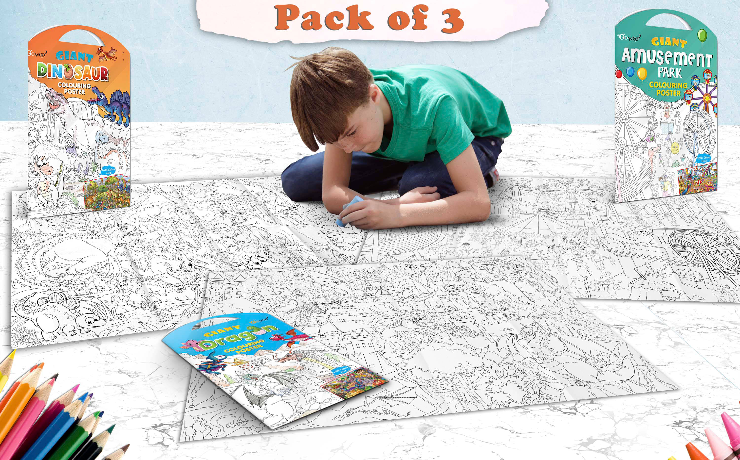     			GIANT DINOSAUR COLOURING POSTER, GIANT AMUSEMENT PARK COLOURING POSTER and GIANT DRAGON COLOURING POSTER | Gift Pack of 3 Posters I Best coloring posters to gift