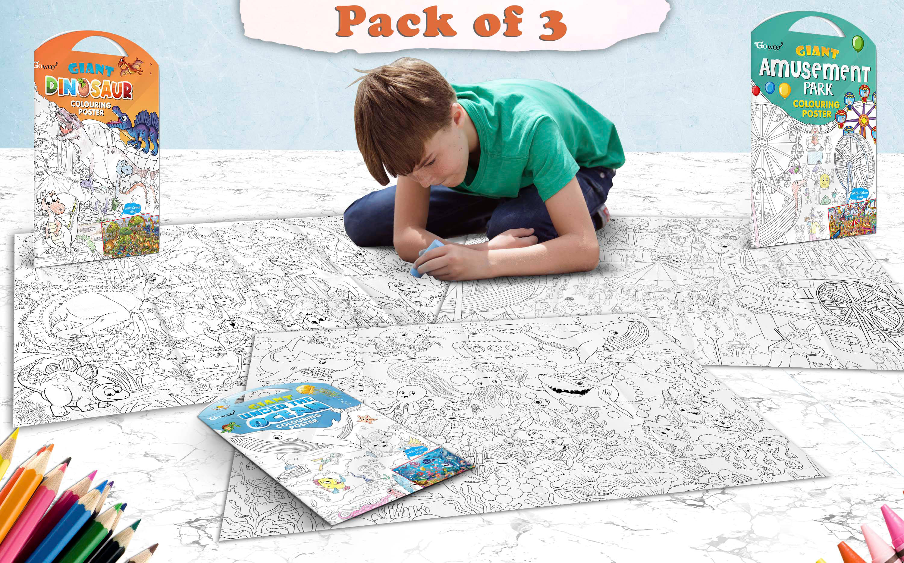     			GIANT DINOSAUR COLOURING POSTER, GIANT AMUSEMENT PARK COLOURING POSTER and GIANT UNDER THE OCEAN COLOURING POSTER | Combo pack of 3 Posters I Giant Coloring Poster for Adults and Kids