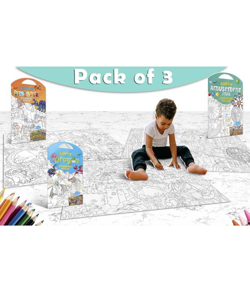 GIANT DINOSAUR COLOURING POSTER, GIANT AMUSEMENT PARK COLOURING POSTER and GIANT DRAGON COLOURING POSTER | Set of 3 Posters I  Coloring Poster Themed Bundle