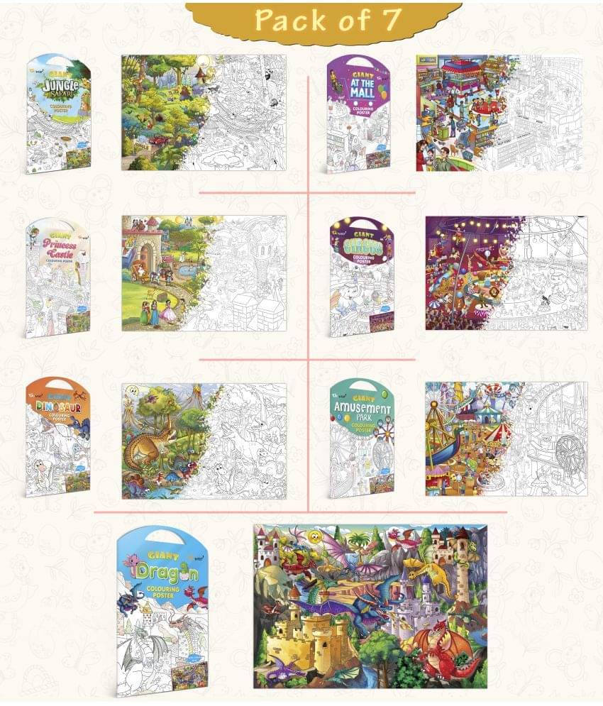 GIANT JUNGLE SAFARI COLOURING , GIANT AT THE MALL COLOURING , GIANT PRINCESS CASTLE COLOURING , GIANT CIRCUS COLOURING , GIANT DINOSAUR COLOURING , GIANT AMUSEMENT PARK COLOURING and GIANT DRAGON COLOURING | Combo pack of 7 GIANT JUNGLE SAFARI COLOURING , GIANT AT THE MALL COLOURING , GIANT PRINCESS CASTLE COLOURING , GIANT CIRCUS COLOURING , GIANT DINOSAUR COLOURING , GIANT AMUSEMENT PARK COLOURING and GIANT DRAGON COLOURING | Combo pack of 7