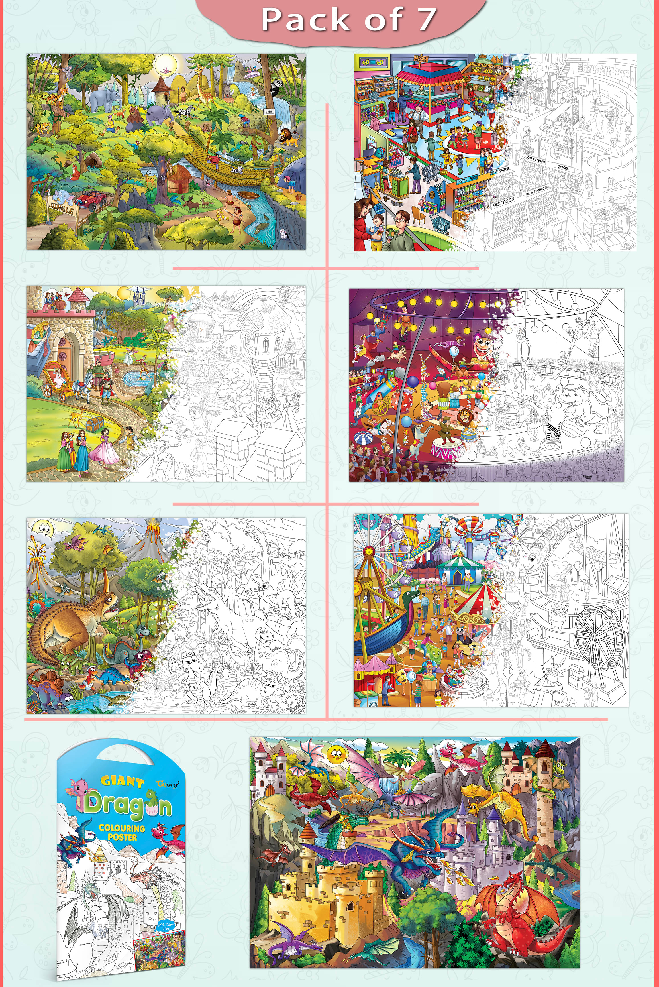     			GIANT JUNGLE SAFARI COLOURING , GIANT AT THE MALL COLOURING , GIANT PRINCESS CASTLE COLOURING , GIANT CIRCUS COLOURING , GIANT DINOSAUR COLOURING , GIANT AMUSEMENT PARK COLOURING  and GIANT DRAGON COLOURING  | Gift Pack of 7