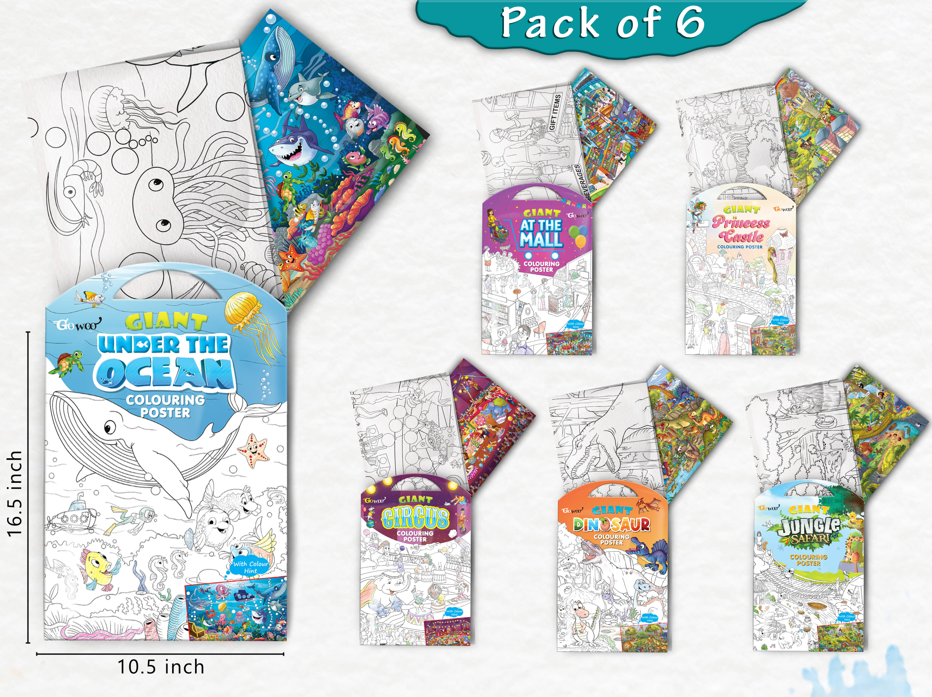     			GIANT JUNGLE SAFARI COLOURING , GIANT AT THE MALL COLOURING , GIANT PRINCESS CASTLE COLOURING , GIANT CIRCUS COLOURING , GIANT DINOSAUR COLOURING  and GIANT UNDER THE OCEAN COLOURING  | Combo of 6 s I giant colouring  for adults