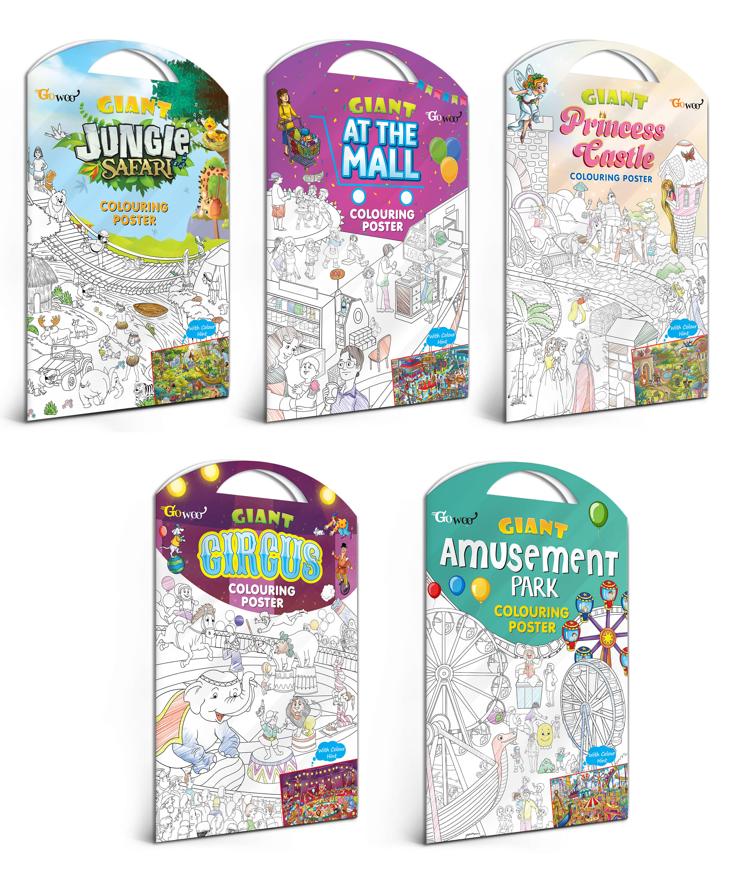     			GIANT JUNGLE SAFARI COLOURING POSTER, GIANT AT THE MALL COLOURING POSTER, GIANT PRINCESS CASTLE COLOURING POSTER, GIANT CIRCUS COLOURING POSTER and GIANT AMUSEMENT PARK COLOURING POSTER | Combo of 5 Posters I jumbo colouring poster for 9+
