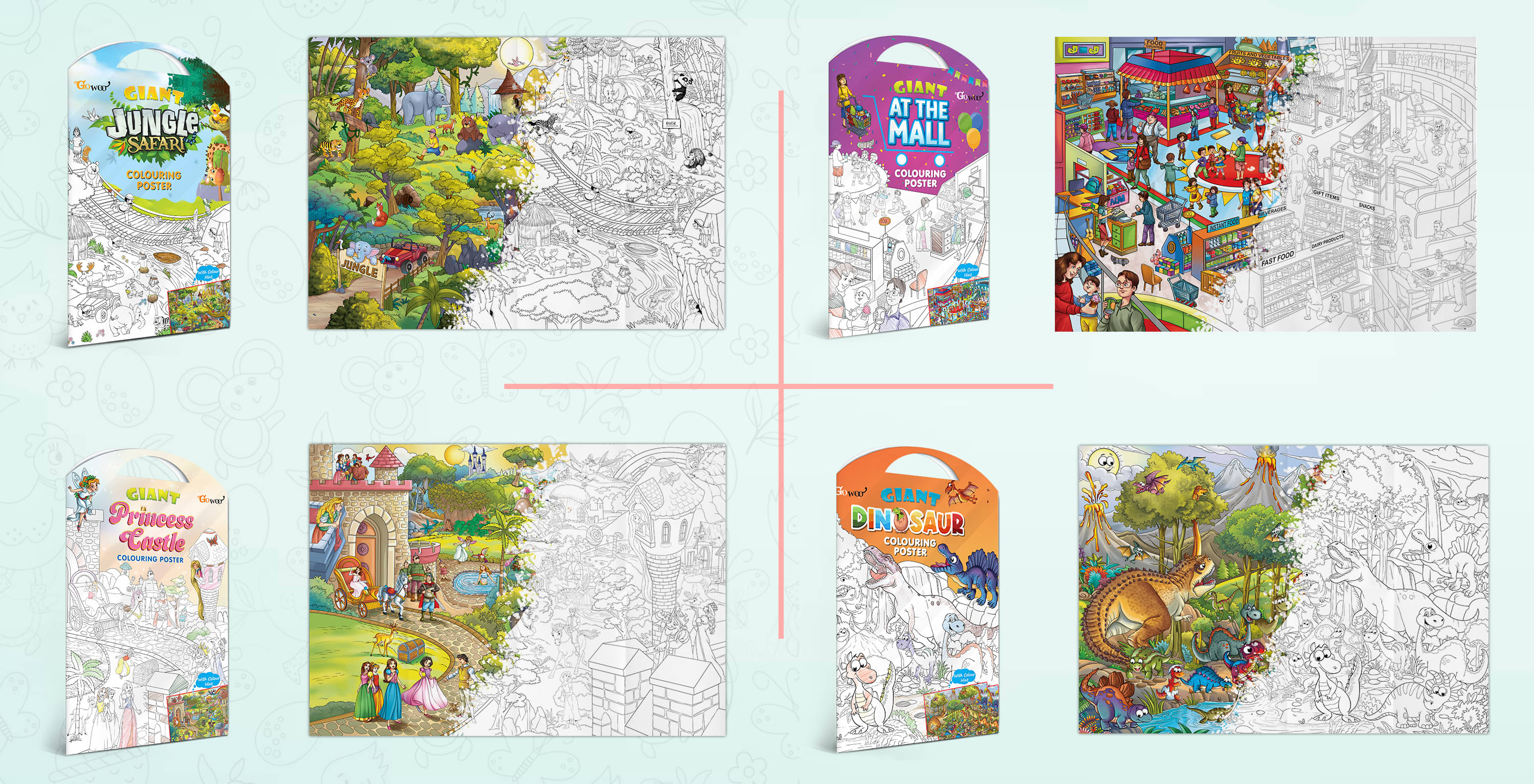GIANT JUNGLE SAFARI COLOURING POSTER, GIANT AT THE MALL COLOURING POSTER, GIANT PRINCESS CASTLE COLOURING POSTER and GIANT DINOSAUR COLOURING POSTER | Pack of 4 Posters I Popular coloring posters GIANT JUNGLE SAFARI COLOURING POSTER, GIANT AT THE MALL COLOURING POSTER, GIANT PRINCESS CASTLE COLOURING POSTER and GIANT DINOSAUR COLOURING POSTER | Pack of 4 Posters I Popular coloring posters