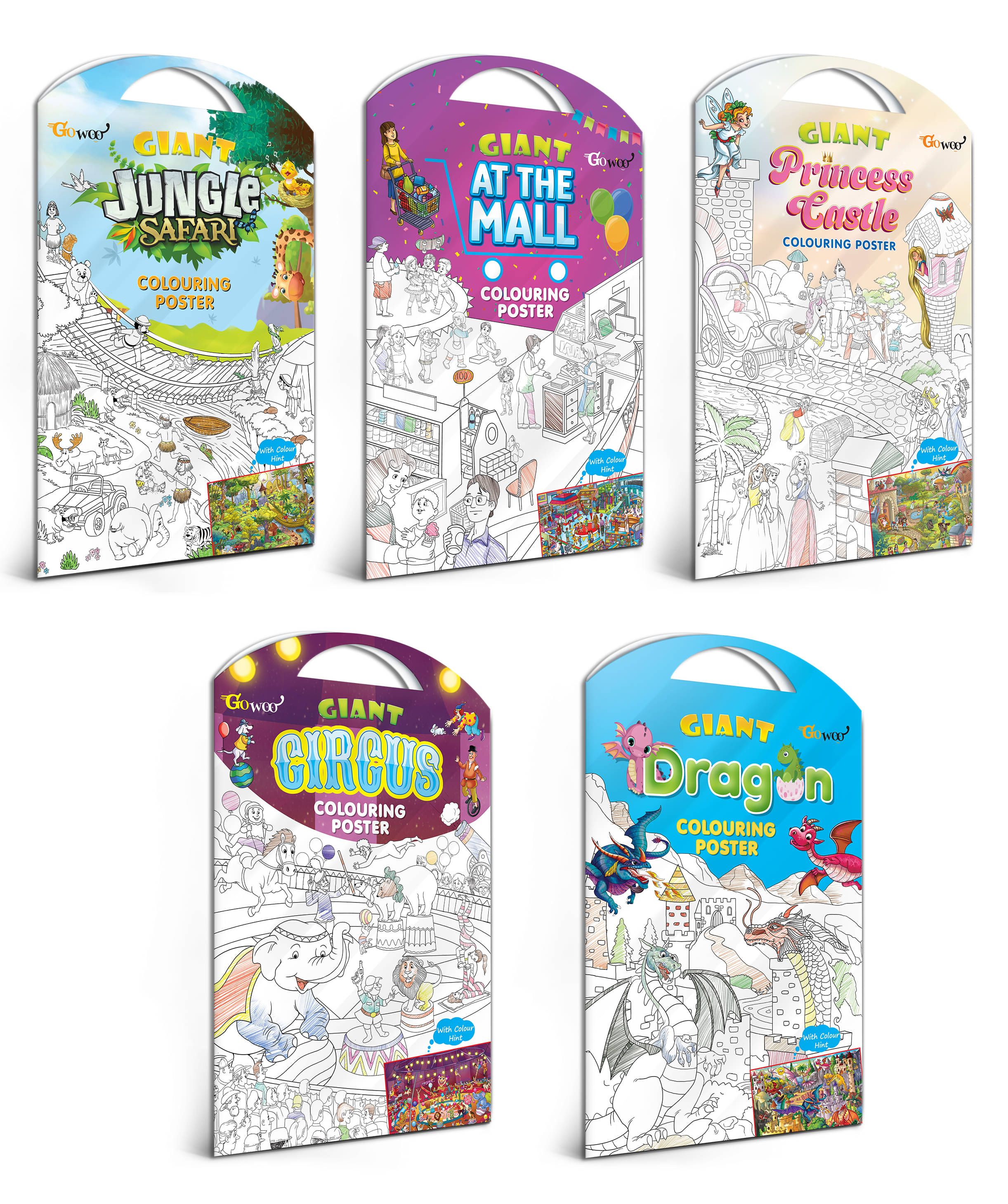     			GIANT JUNGLE SAFARI COLOURING POSTER, GIANT AT THE MALL COLOURING POSTER, GIANT PRINCESS CASTLE COLOURING POSTER, GIANT CIRCUS COLOURING POSTER and GIANT DRAGON COLOURING POSTER | Gift Pack of 5 Posters I large mindfulness colouring poster for kids
