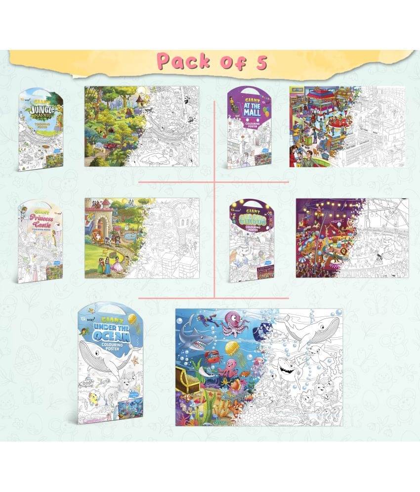     			GIANT JUNGLE SAFARI COLOURING POSTER, GIANT AT THE MALL COLOURING POSTER, GIANT PRINCESS CASTLE COLOURING POSTER, GIANT CIRCUS COLOURING POSTER and GIANT UNDER THE OCEAN COLOURING POSTER | Combo pack of 5 Posters I Vibrant Coloring Pack