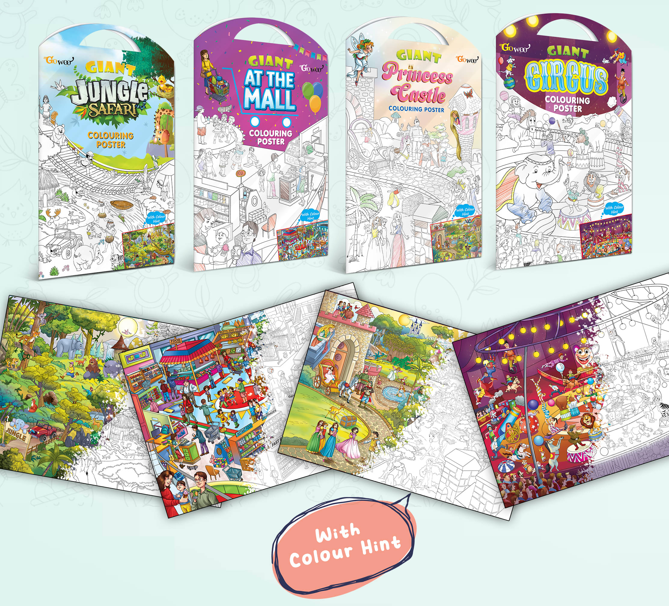     			GIANT JUNGLE SAFARI COLOURING POSTER, GIANT AT THE MALL COLOURING POSTER, GIANT PRINCESS CASTLE COLOURING POSTER and GIANT CIRCUS COLOURING POSTER | Combo of 4 Posters I Giant Coloring Poster for Kids