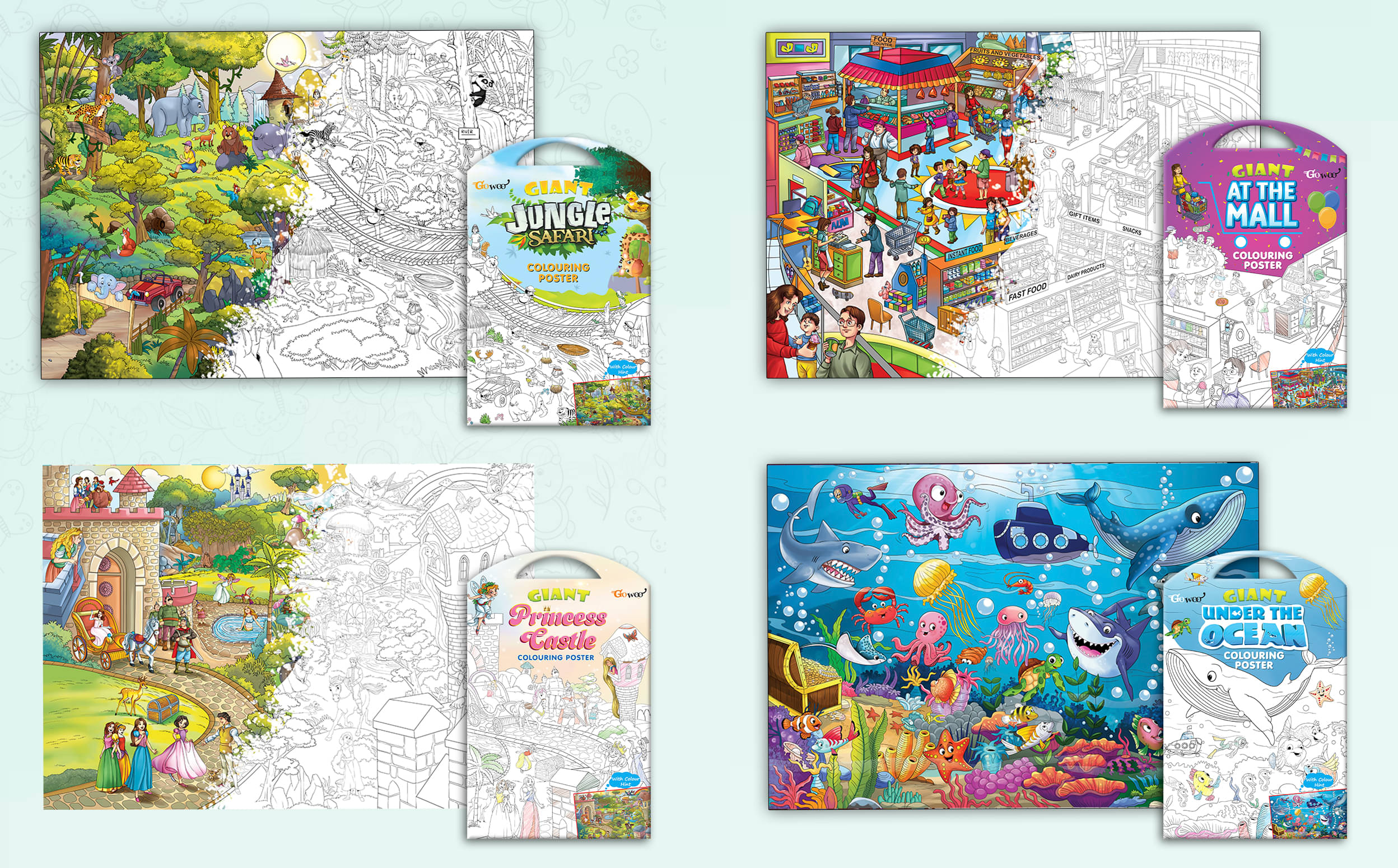 GIANT JUNGLE SAFARI COLOURING POSTER, GIANT AT THE MALL COLOURING POSTER, GIANT PRINCESS CASTLE COLOURING POSTER and GIANT UNDER THE OCEAN COLOURING POSTER | Combo pack of 4 Posters I Creative fun posters GIANT JUNGLE SAFARI COLOURING POSTER, GIANT AT THE MALL COLOURING POSTER, GIANT PRINCESS CASTLE COLOURING POSTER and GIANT UNDER THE OCEAN COLOURING POSTER | Combo pack of 4 Posters I Creative fun posters