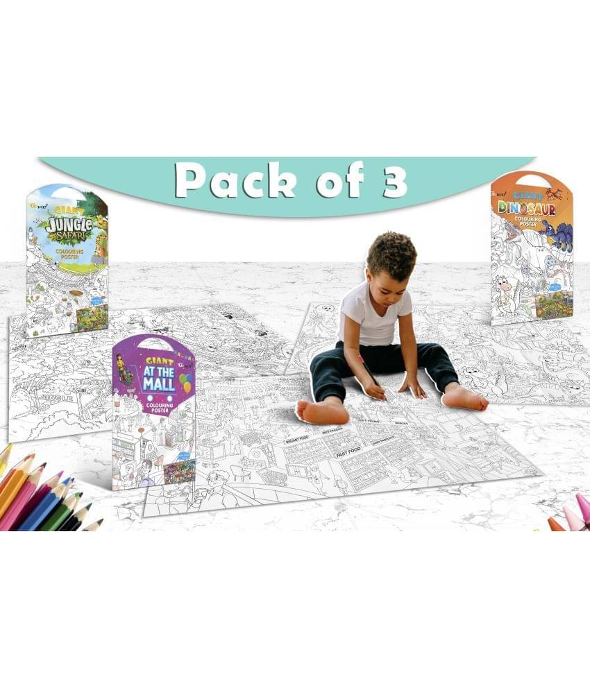     			GIANT JUNGLE SAFARI COLOURING POSTER, GIANT AT THE MALL COLOURING POSTER and GIANT DINOSAUR COLOURING POSTER | Combo pack of 3 Charts I Beautifully illustrated Posters For Children
