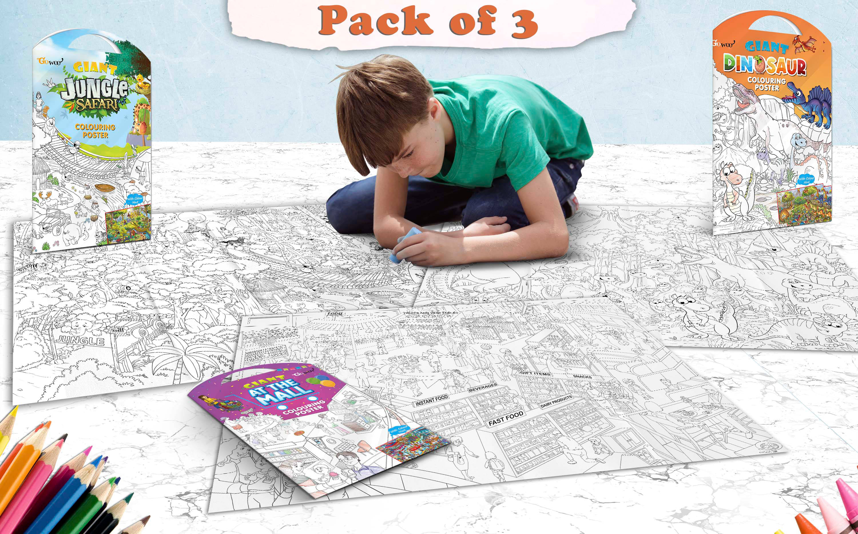     			GIANT JUNGLE SAFARI COLOURING POSTER, GIANT AT THE MALL COLOURING POSTER and GIANT DINOSAUR COLOURING POSTER | Pack of 3 Posters I Coloring Poster Bag Set
