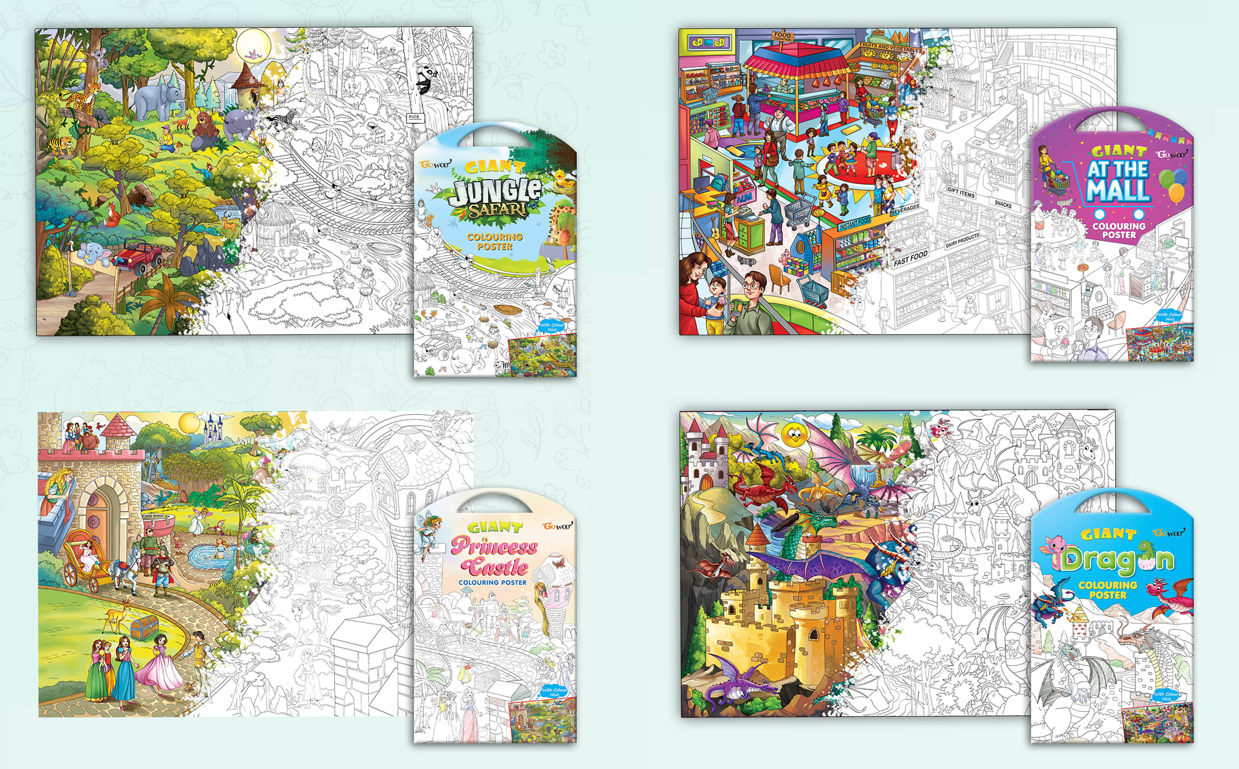 GIANT JUNGLE SAFARI COLOURING POSTER, GIANT AT THE MALL COLOURING POSTER, GIANT PRINCESS CASTLE COLOURING POSTER and GIANT DRAGON COLOURING POSTER | Combo pack of 4 Posters I Creative fun posters GIANT JUNGLE SAFARI COLOURING POSTER, GIANT AT THE MALL COLOURING POSTER, GIANT PRINCESS CASTLE COLOURING POSTER and GIANT DRAGON COLOURING POSTER | Combo pack of 4 Posters I Creative fun posters