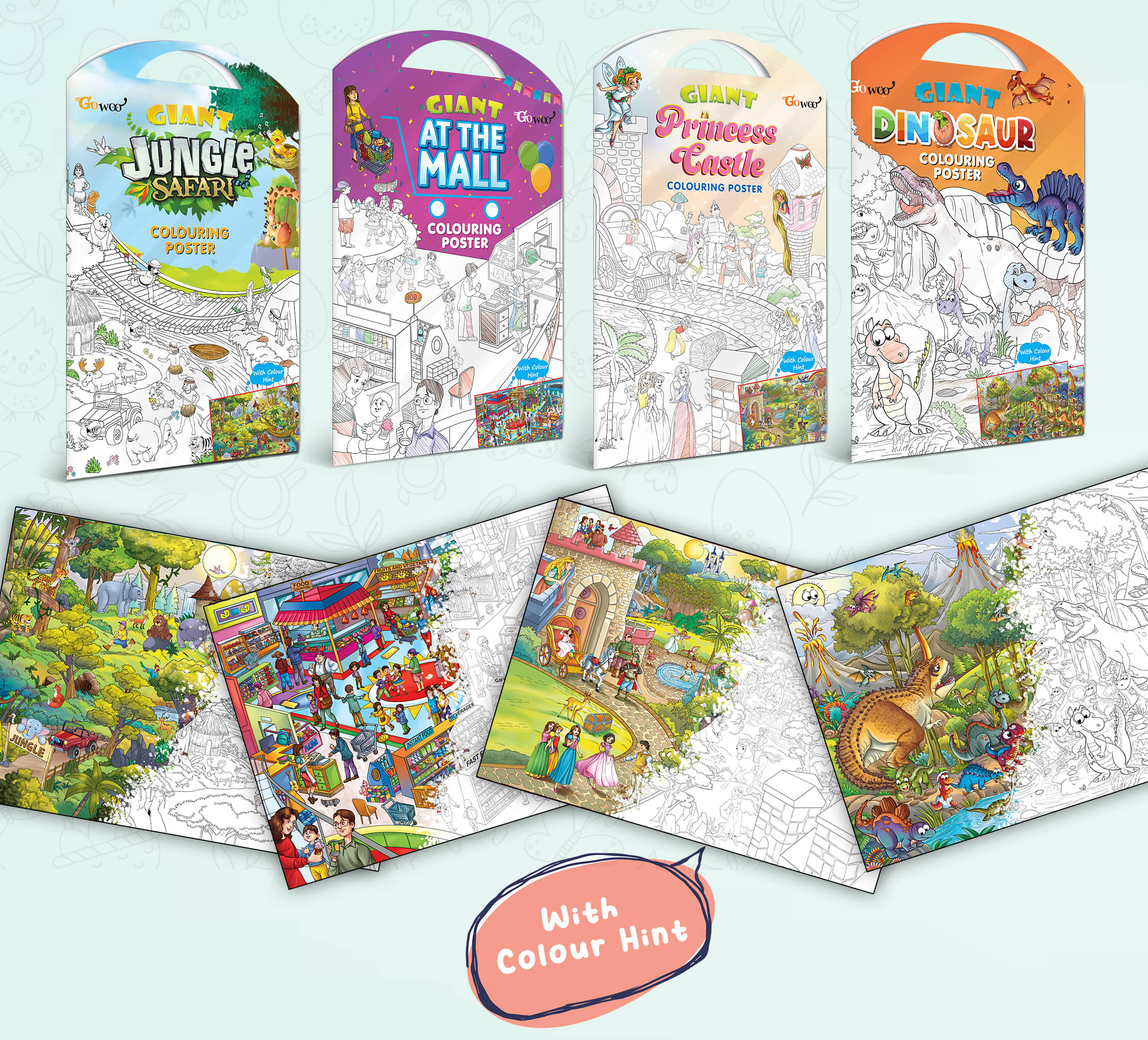     			GIANT JUNGLE SAFARI COLOURING POSTER, GIANT AT THE MALL COLOURING POSTER, GIANT PRINCESS CASTLE COLOURING POSTER and GIANT DINOSAUR COLOURING POSTER | Set of 4 Posters I jumbo colouring poster
