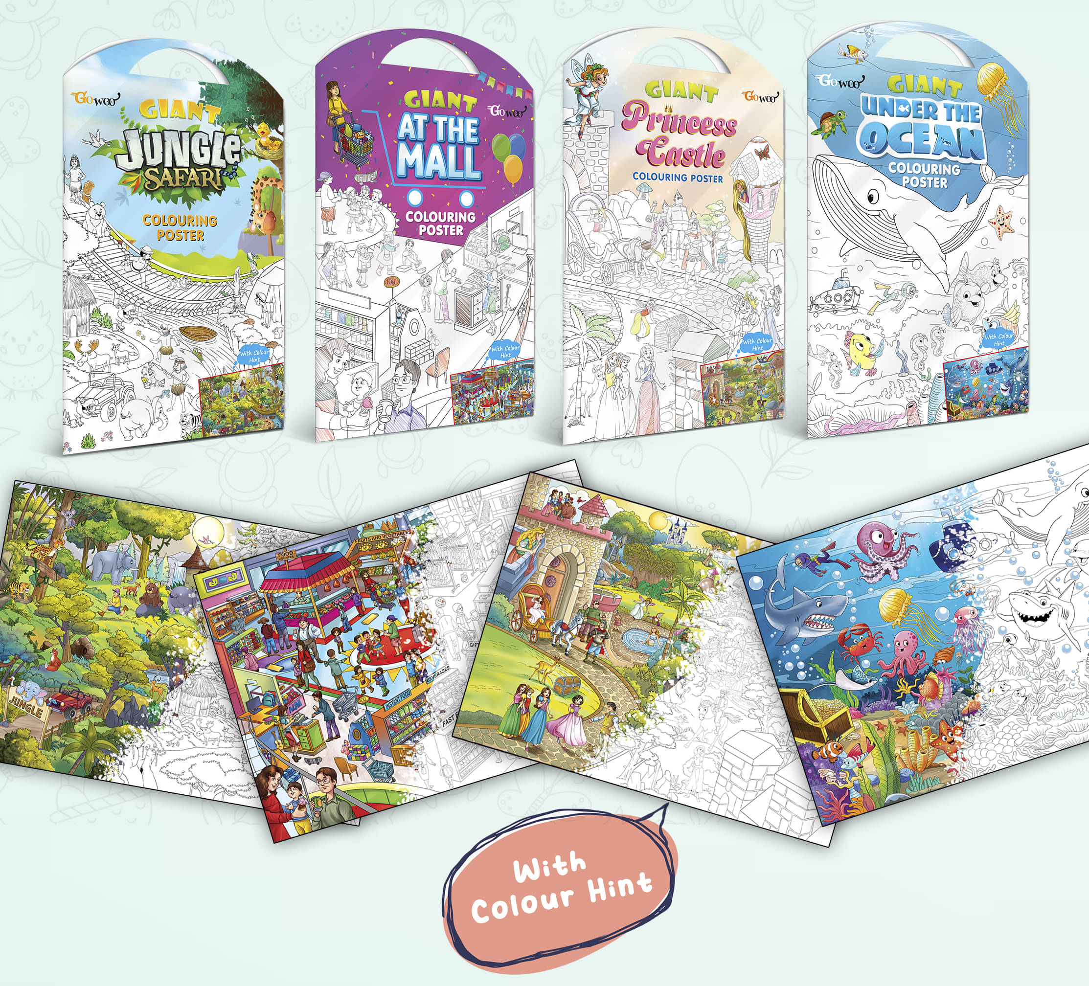     			GIANT JUNGLE SAFARI COLOURING POSTER, GIANT AT THE MALL COLOURING POSTER, GIANT PRINCESS CASTLE COLOURING POSTER and GIANT UNDER THE OCEAN COLOURING POSTER | Set of 4 Posters I large mindfulness colouring poster