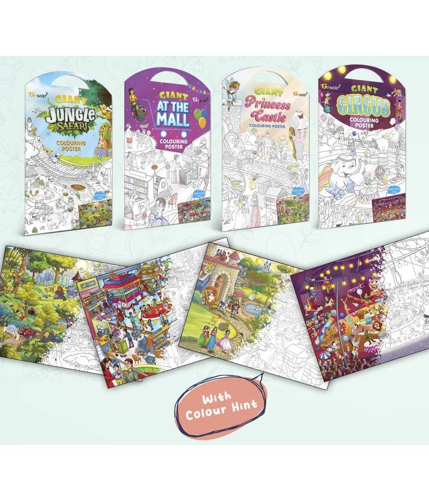     			GIANT JUNGLE SAFARI COLOURING POSTER, GIANT AT THE MALL COLOURING POSTER, GIANT PRINCESS CASTLE COLOURING POSTER and GIANT CIRCUS COLOURING POSTER | Set of 4 Posters I jumbo colouring poster