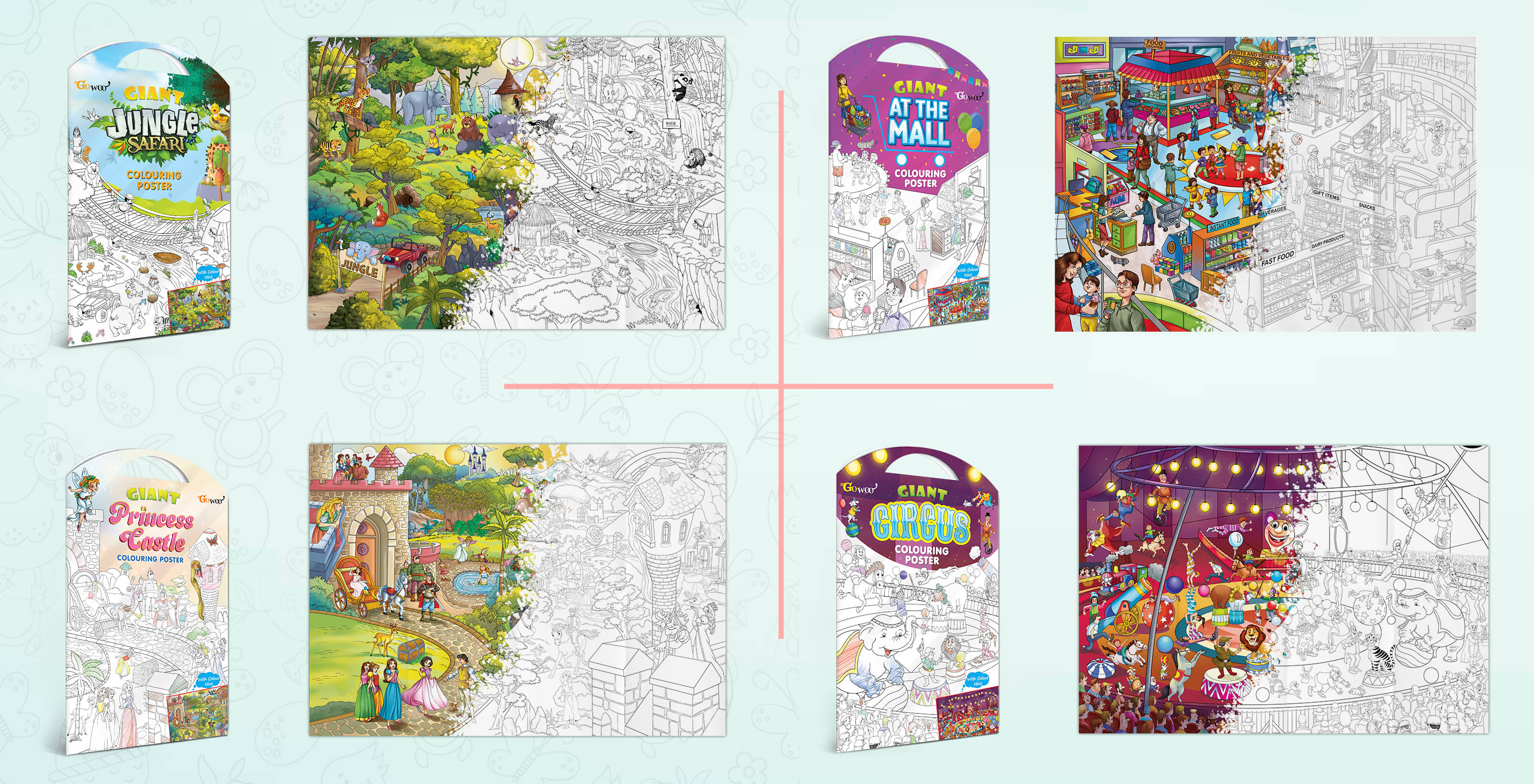     			GIANT JUNGLE SAFARI COLOURING POSTER, GIANT AT THE MALL COLOURING POSTER, GIANT PRINCESS CASTLE COLOURING POSTER and GIANT CIRCUS COLOURING POSTER | Set of 4 Posters I Premium coloring posters