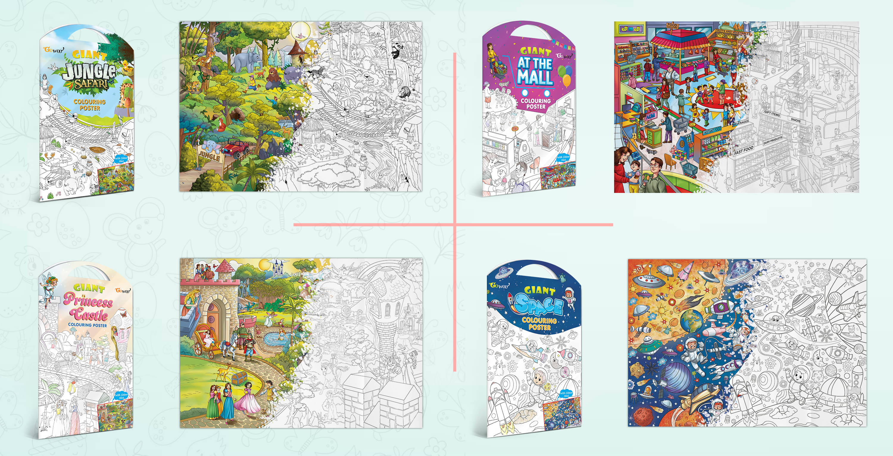 GIANT JUNGLE SAFARI COLOURING POSTER, GIANT AT THE MALL COLOURING POSTER, GIANT PRINCESS CASTLE COLOURING POSTER and GIANT SPACE COLOURING POSTER | Set of 4 Posters I Premium coloring posters GIANT JUNGLE SAFARI COLOURING POSTER, GIANT AT THE MALL COLOURING POSTER, GIANT PRINCESS CASTLE COLOURING POSTER and GIANT SPACE COLOURING POSTER | Set of 4 Posters I Premium coloring posters