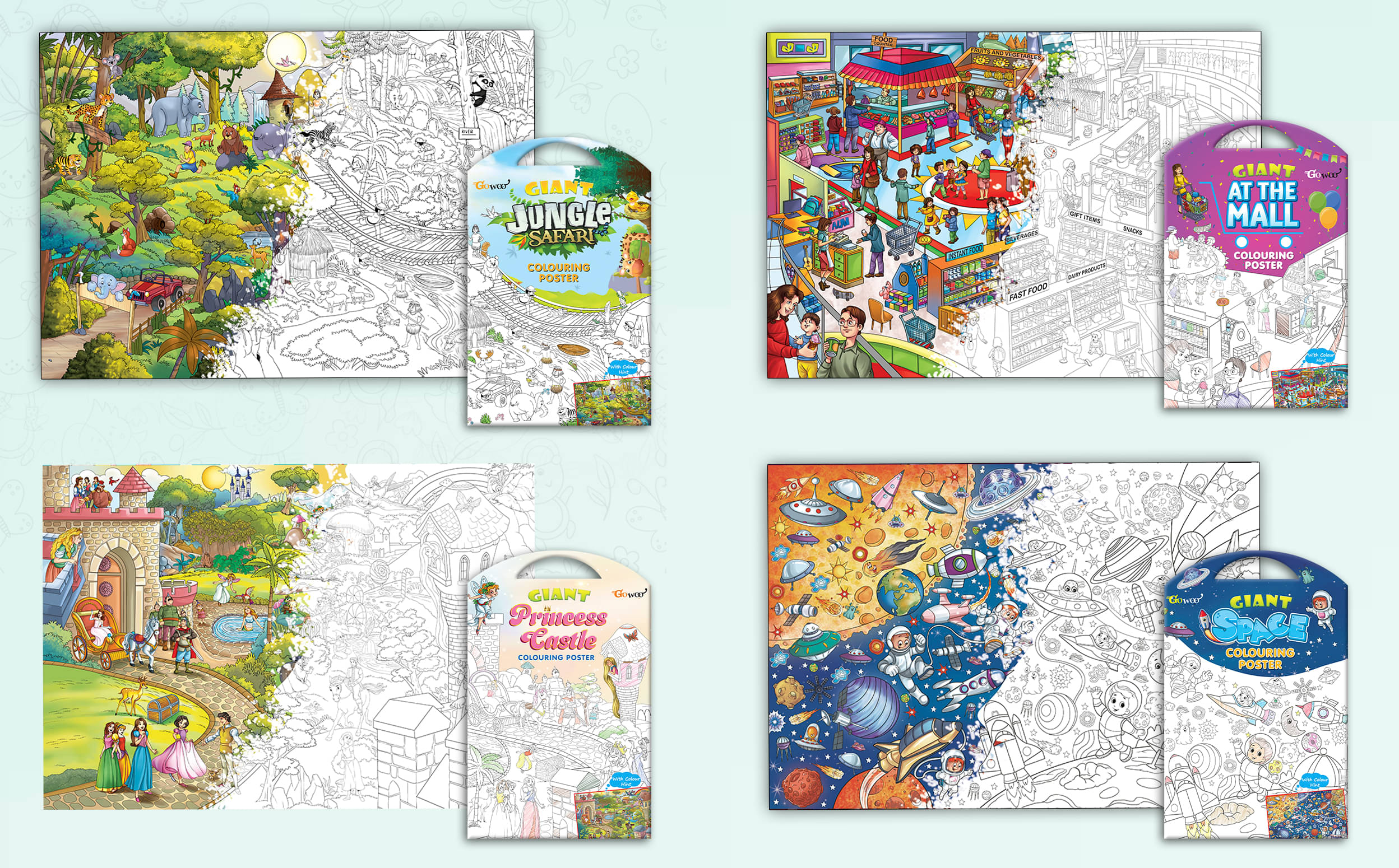     			GIANT JUNGLE SAFARI COLOURING POSTER, GIANT AT THE MALL COLOURING POSTER, GIANT PRINCESS CASTLE COLOURING POSTER and GIANT SPACE COLOURING POSTER | Set of 4 Posters I jumbo colouring poster