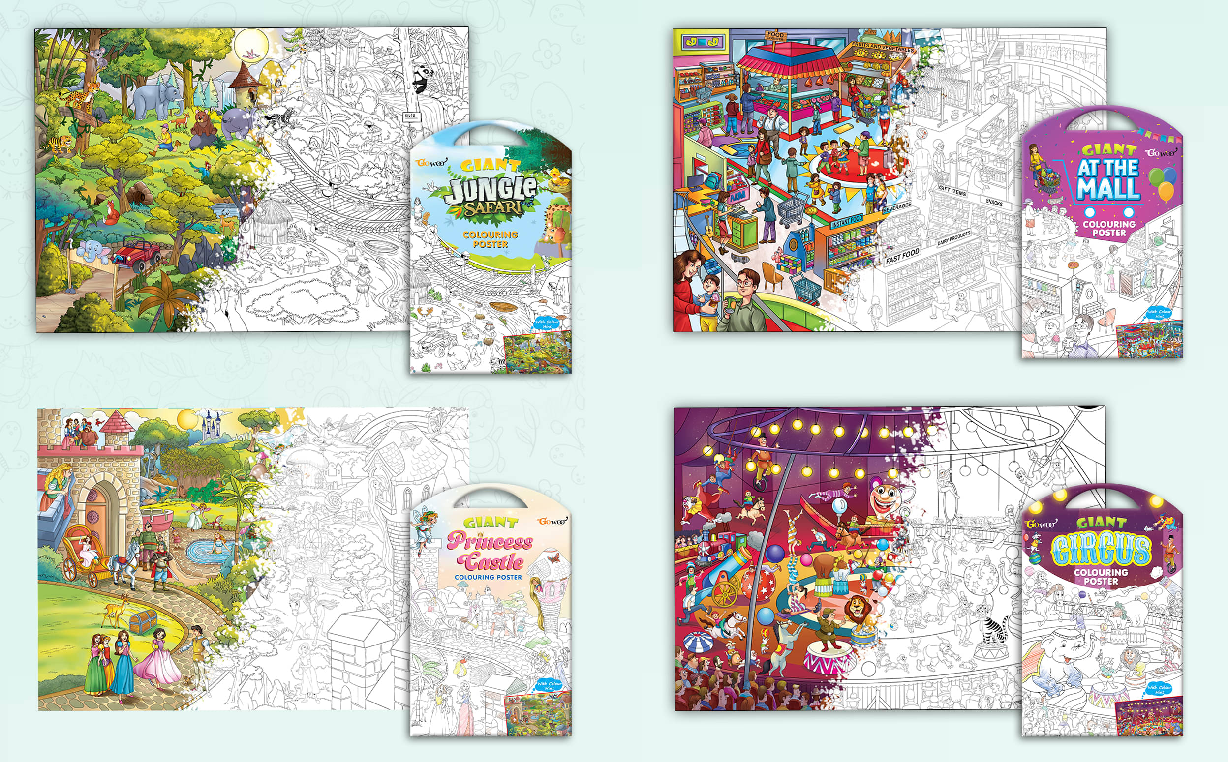 GIANT JUNGLE SAFARI COLOURING POSTER, GIANT AT THE MALL COLOURING POSTER, GIANT PRINCESS CASTLE COLOURING POSTER and GIANT CIRCUS COLOURING POSTER | Gift Pack of 4 Posters I jumbo size colouring poster for kids GIANT JUNGLE SAFARI COLOURING POSTER, GIANT AT THE MALL COLOURING POSTER, GIANT PRINCESS CASTLE COLOURING POSTER and GIANT CIRCUS COLOURING POSTER | Gift Pack of 4 Posters I jumbo size colouring poster for kids