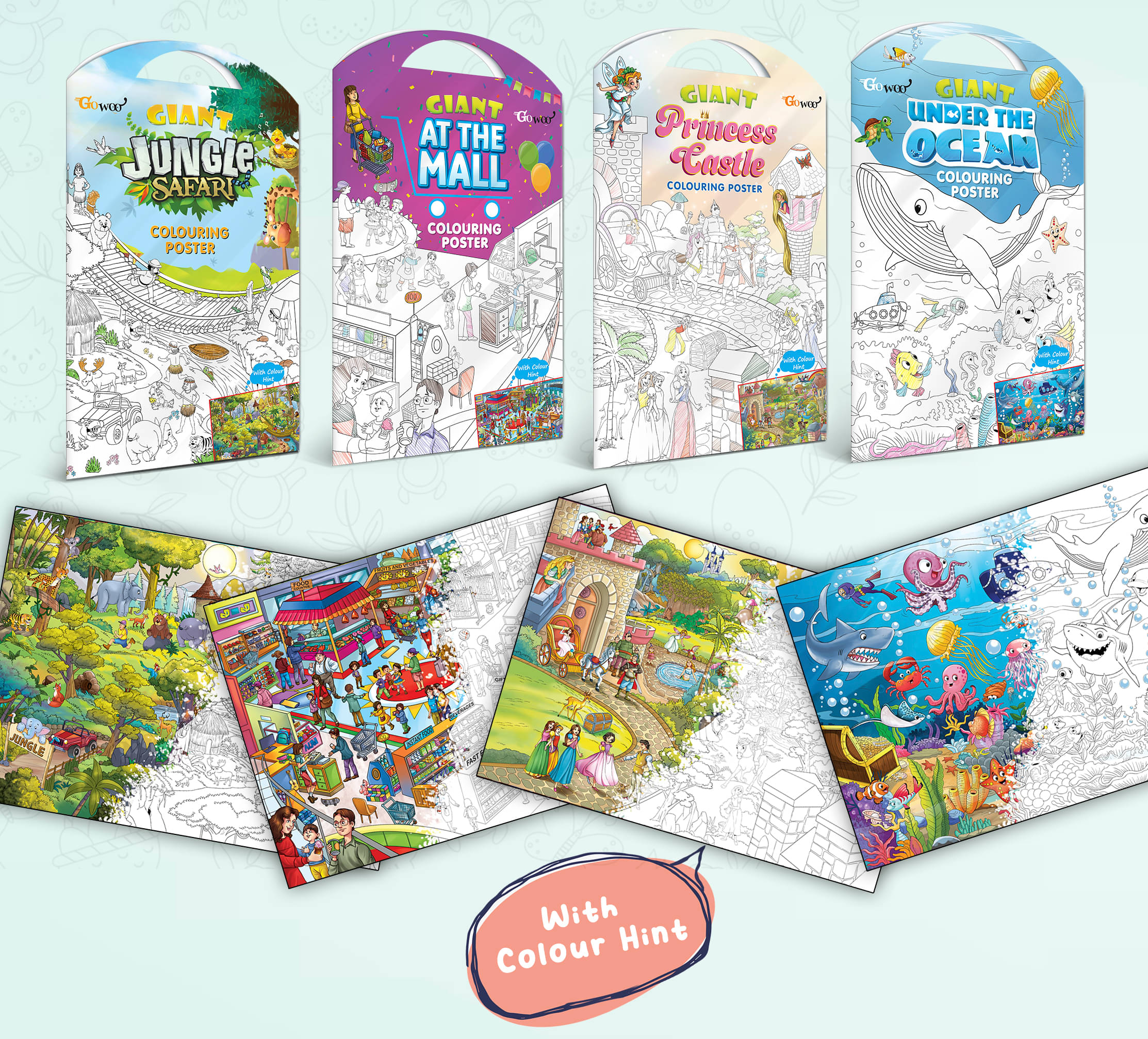     			GIANT JUNGLE SAFARI COLOURING POSTER, GIANT AT THE MALL COLOURING POSTER, GIANT PRINCESS CASTLE COLOURING POSTER and GIANT UNDER THE OCEAN COLOURING POSTER | Set of 4 Posters I Giant Coloring Poster for Adults
