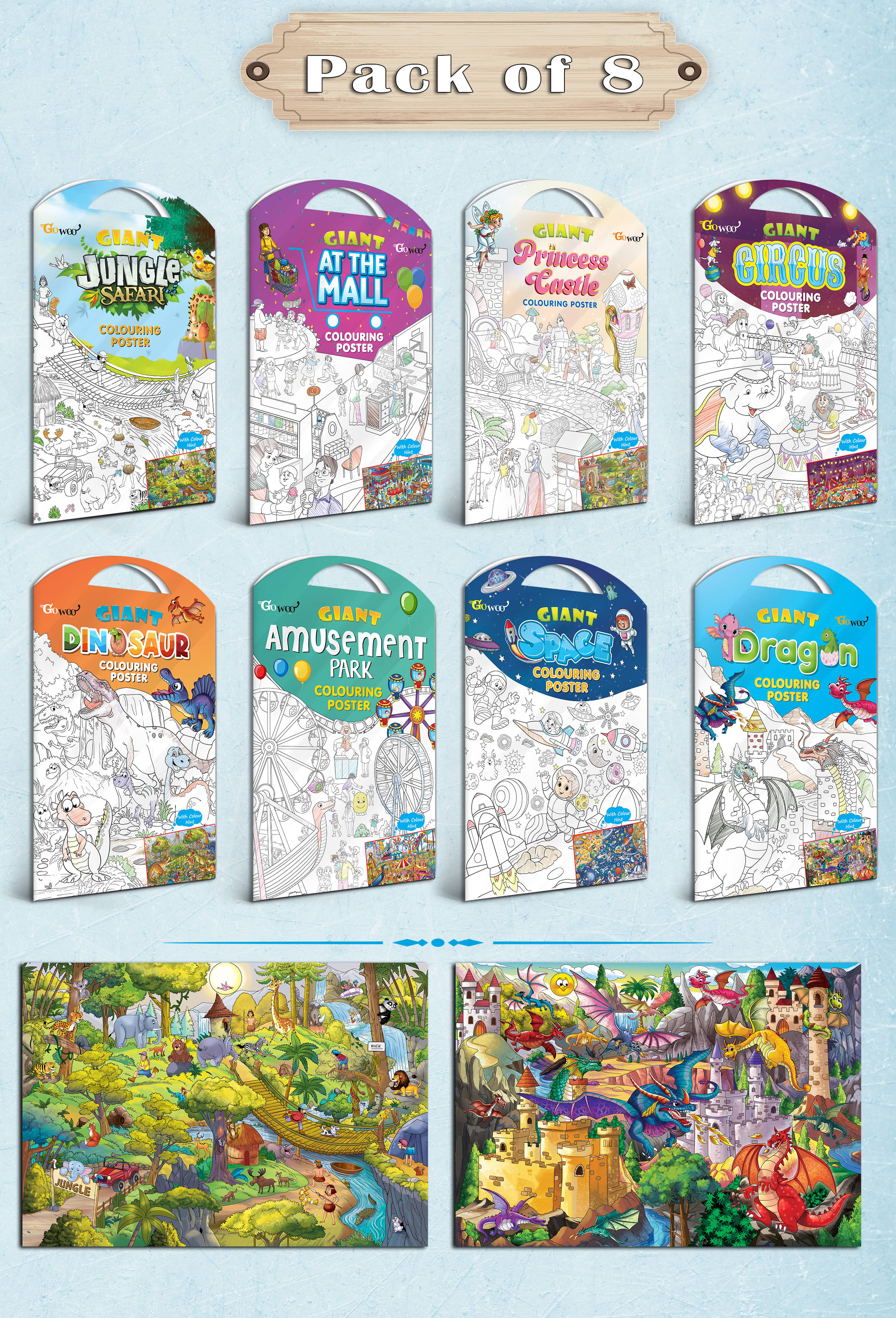     			GIANT JUNGLE SAFARI, GIANT AT THE MALL, GIANT PRINCESS CASTLE, GIANT CIRCUS, GIANT DINOSAUR, GIANT AMUSEMENT PARK, GIANT SPACE   and GIANT DRAGON   | Pack of 8 s I Artistic Coloring s Collection