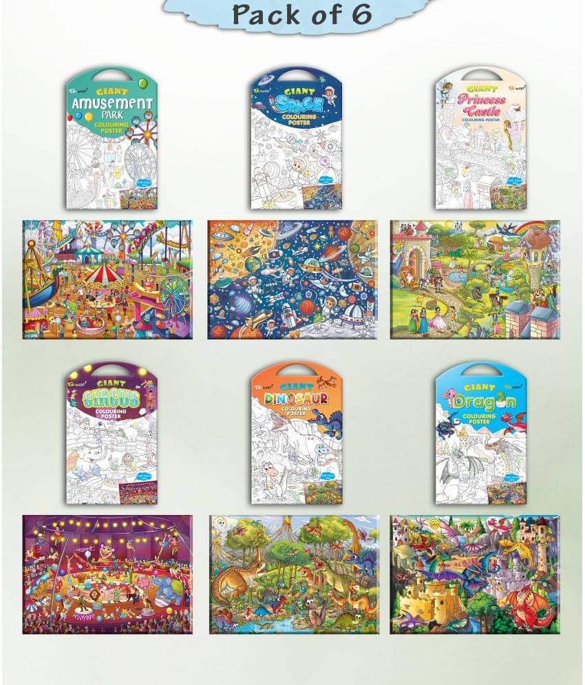     			GIANT PRINCESS CASTLE COLOURING , GIANT CIRCUS COLOURING , GIANT DINOSAUR COLOURING , GIANT AMUSEMENT PARK COLOURING , GIANT SPACE COLOURING  and GIANT DRAGON COLOURING  | Gift Pack of 6 s I Exotic Escape Coloring Combo Set