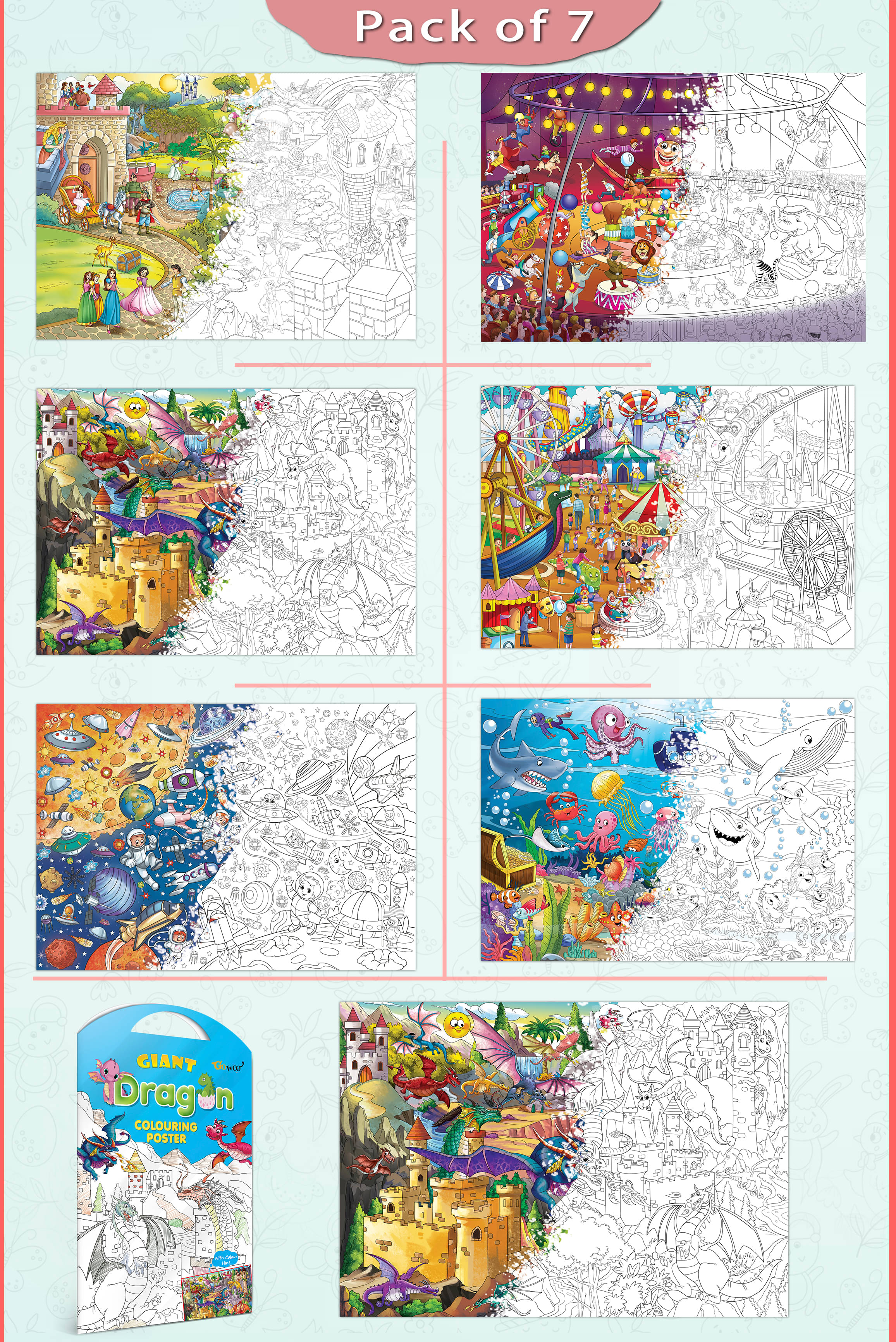     			GIANT PRINCESS CASTLE COLOURING , GIANT CIRCUS COLOURING , GIANT DINOSAUR COLOURING , GIANT AMUSEMENT PARK COLOURING , GIANT SPACE COLOURING , GIANT UNDER THE OCEAN COLOURING  and GIANT DRAGON COLOURING  | Gift Pack of 7 s I Giant Coloring s Multipack