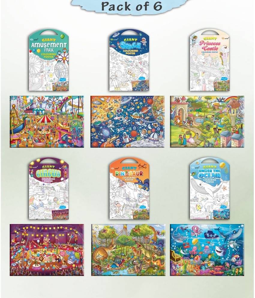     			GIANT PRINCESS CASTLE COLOURING , GIANT CIRCUS COLOURING , GIANT DINOSAUR COLOURING , GIANT AMUSEMENT PARK COLOURING , GIANT SPACE COLOURING  and GIANT UNDER THE OCEAN COLOURING  | Pack of 6 s I Coloring  sets for kids