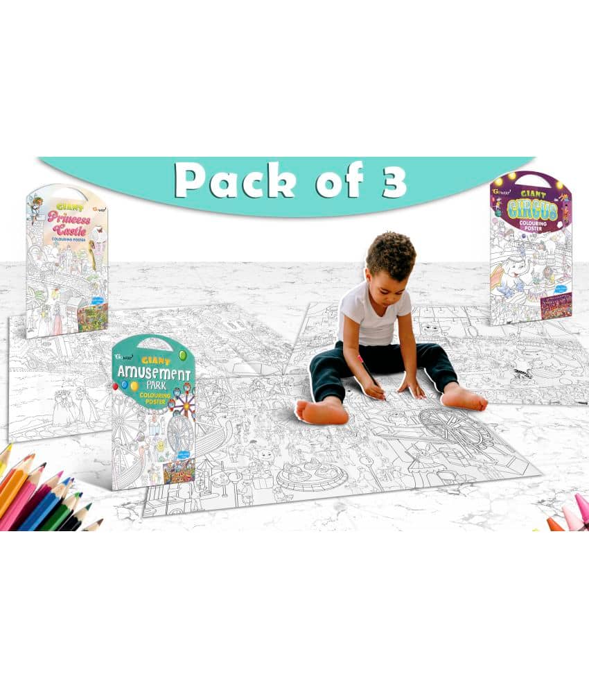 GIANT PRINCESS CASTLE COLOURING POSTER, GIANT CIRCUS COLOURING POSTER and GIANT AMUSEMENT PARK COLOURING POSTER | Set of 3 posters I Collection of illustrative posters for children