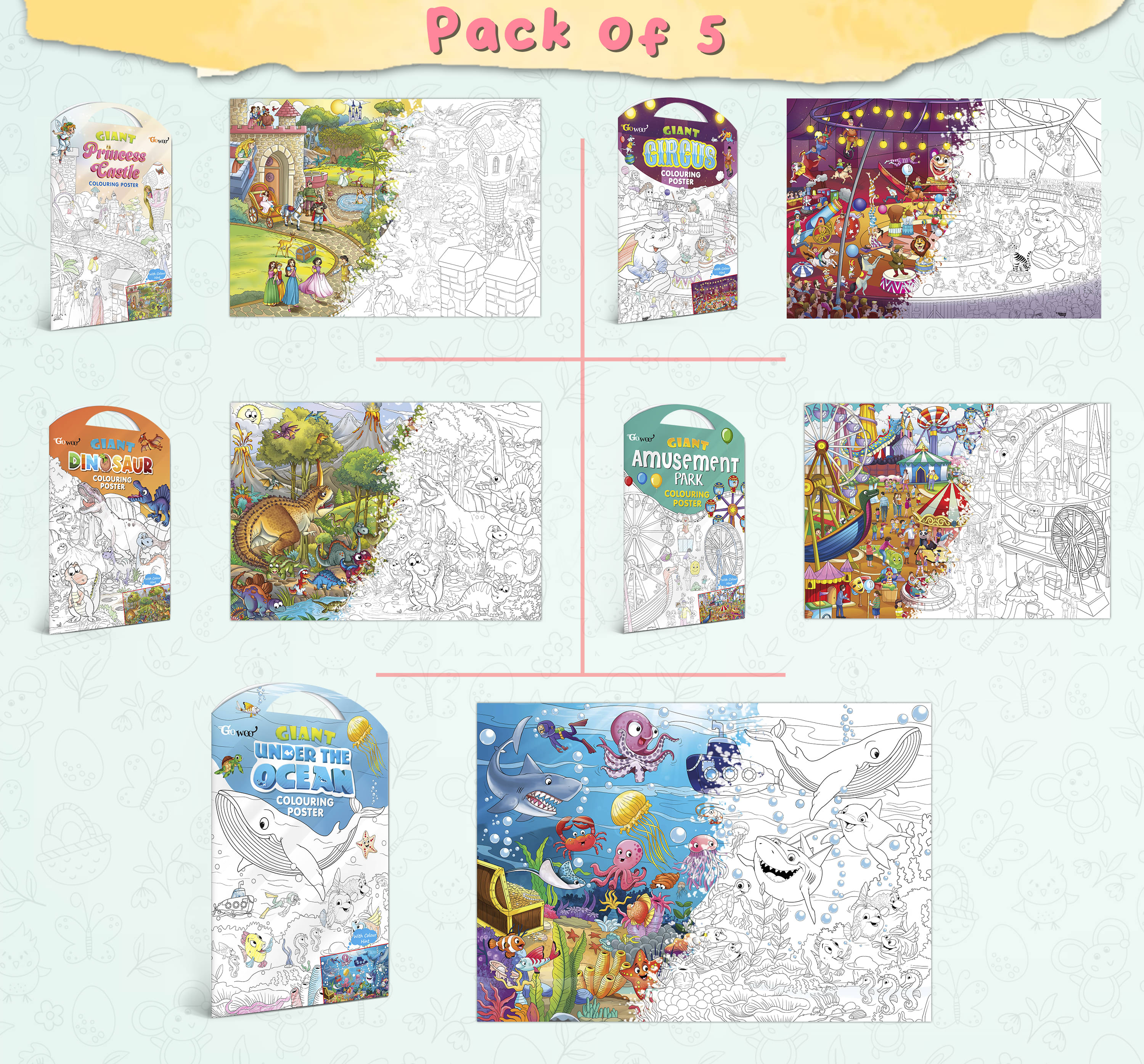 GIANT PRINCESS CASTLE COLOURING POSTER, GIANT CIRCUS COLOURING POSTER, GIANT DINOSAUR COLOURING POSTER, GIANT AMUSEMENT PARK COLOURING POSTER and GIANT UNDER THE OCEAN COLOURING POSTER | Gift Pack of 5 Posters I big colouring poster GIANT PRINCESS CASTLE COLOURING POSTER, GIANT CIRCUS COLOURING POSTER, GIANT DINOSAUR COLOURING POSTER, GIANT AMUSEMENT PARK COLOURING POSTER and GIANT UNDER THE OCEAN COLOURING POSTER | Gift Pack of 5 Posters I big colouring poster