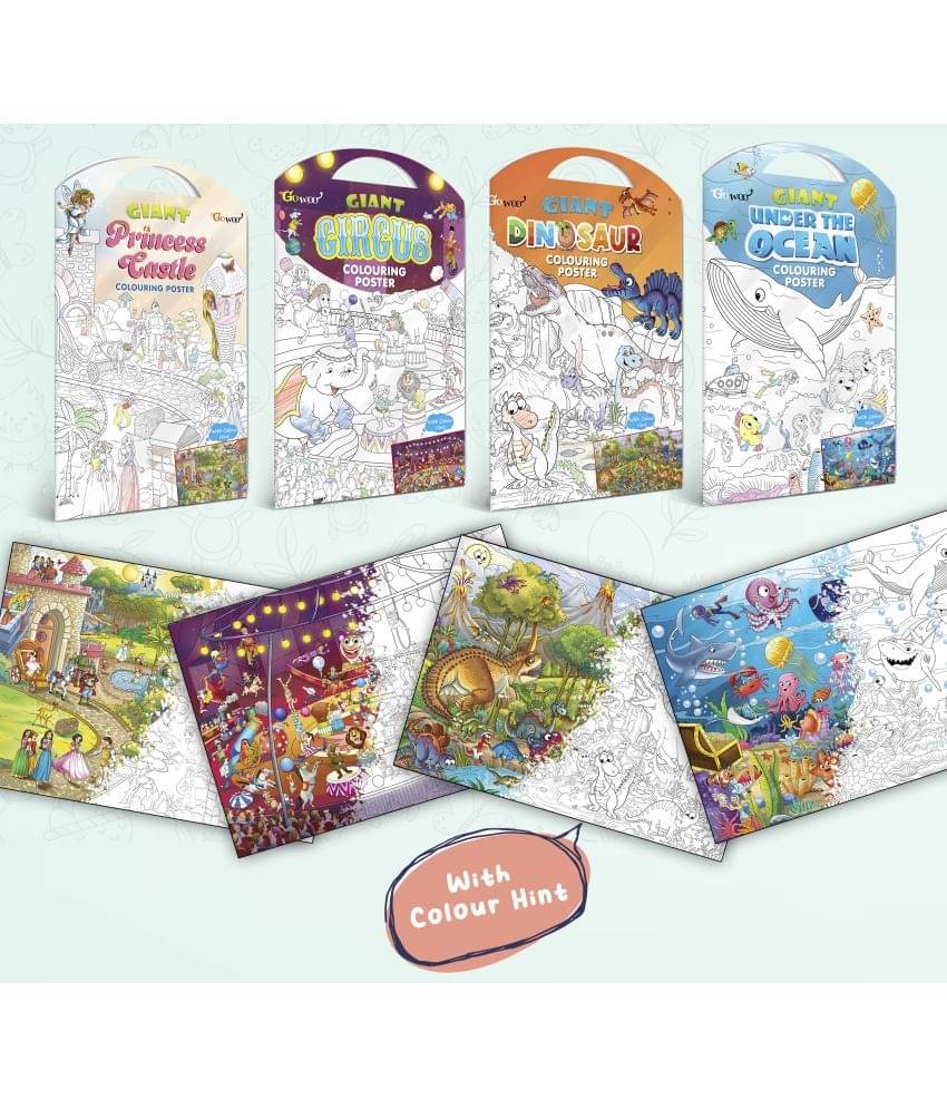 GIANT PRINCESS CASTLE COLOURING POSTER, GIANT CIRCUS COLOURING POSTER, GIANT DINOSAUR COLOURING POSTER and GIANT UNDER THE OCEAN COLOURING POSTER | Gift Pack of 4 Posters I jumbo size colouring poster for kids GIANT PRINCESS CASTLE COLOURING POSTER, GIANT CIRCUS COLOURING POSTER, GIANT DINOSAUR COLOURING POSTER and GIANT UNDER THE OCEAN COLOURING POSTER | Gift Pack of 4 Posters I jumbo size colouring poster for kids