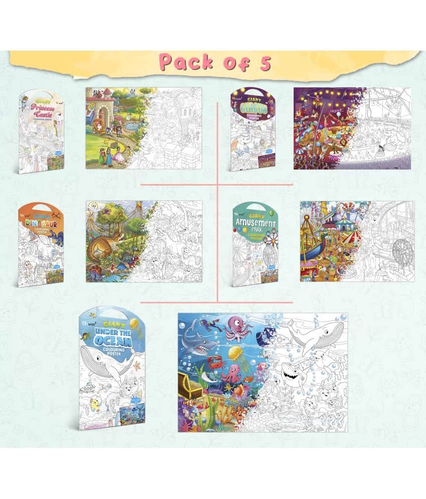 GIANT PRINCESS CASTLE COLOURING POSTER, GIANT CIRCUS COLOURING POSTER, GIANT DINOSAUR COLOURING POSTER, GIANT AMUSEMENT PARK COLOURING POSTER and GIANT UNDER THE OCEAN COLOURING POSTER | Combo of 5 Posters I Coloring poster sets for children