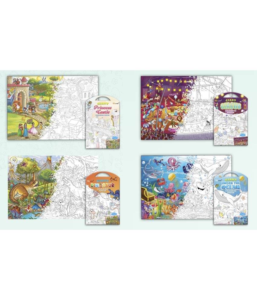     			GIANT PRINCESS CASTLE COLOURING POSTER, GIANT CIRCUS COLOURING POSTER, GIANT DINOSAUR COLOURING POSTER and GIANT UNDER THE OCEAN COLOURING POSTER | Set of 4 Posters I large mindfulness colouring poster