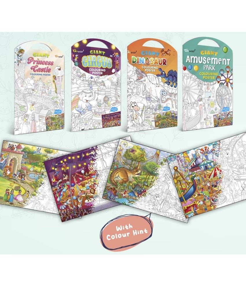 GIANT PRINCESS CASTLE COLOURING POSTER, GIANT CIRCUS COLOURING POSTER, GIANT DINOSAUR COLOURING POSTER and GIANT AMUSEMENT PARK COLOURING POSTER | Combo pack of 4 Posters I Creative fun posters     			GIANT PRINCESS CASTLE COLOURING POSTER, GIANT CIRCUS COLOURING POSTER, GIANT DINOSAUR COLOURING POSTER and GIANT AMUSEMENT PARK COLOURING POSTER | Combo pack of 4 Posters I Creative fun posters