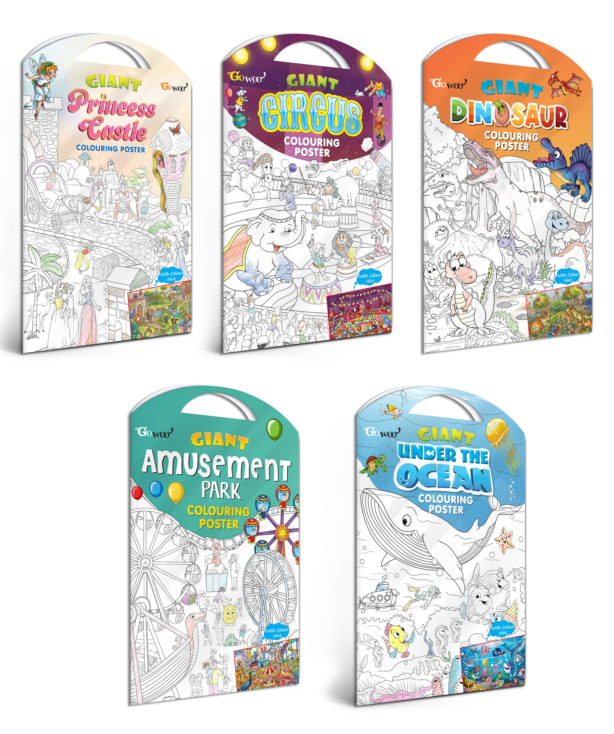     			GIANT PRINCESS CASTLE COLOURING POSTER, GIANT CIRCUS COLOURING POSTER, GIANT DINOSAUR COLOURING POSTER, GIANT AMUSEMENT PARK COLOURING POSTER and GIANT UNDER THE OCEAN COLOURING POSTER | Pack of 5 Posters I Art Therapy Coloring Combo Set for adults