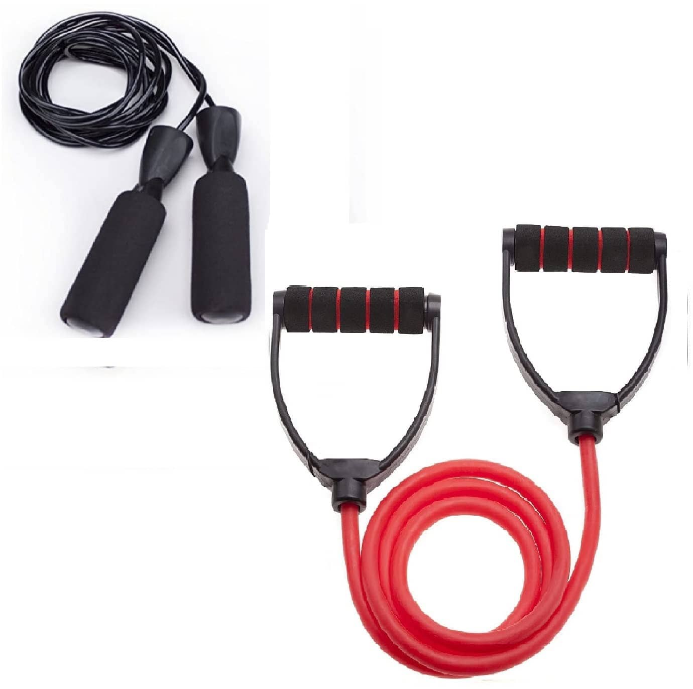 HORSE FIT Pack of 2 Combo |Premium Single Band Resistance Toning Tube and Foam Handle Jumping Skipping Rope for Fat Loos | Body Stretching and Gym Workout and Fitness Exercise Equipment Kit-Black - Sports and Fitness Equipment | Buy online on ZillyBuy