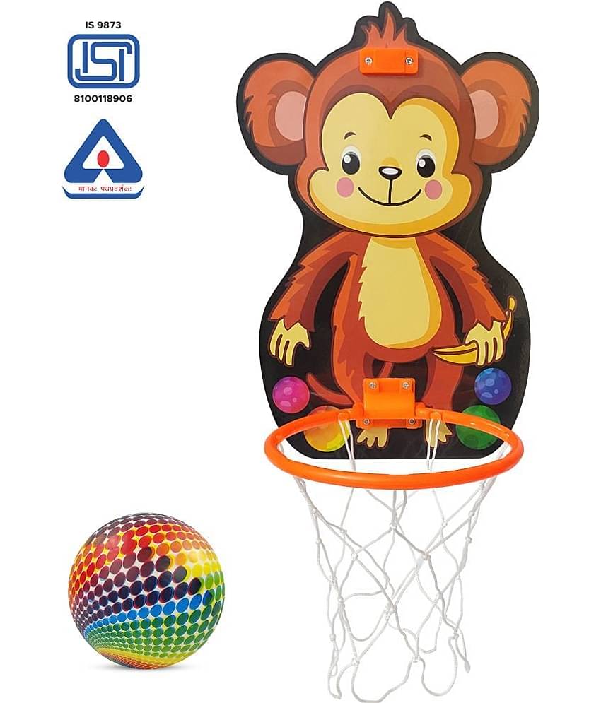 NHR Small Basket Ball kit Set with Ring for Kids, Playing Indoor Outdoor Basket Ball, High Quality Hanging Board with Net & Ball (Monkey Face Printed)