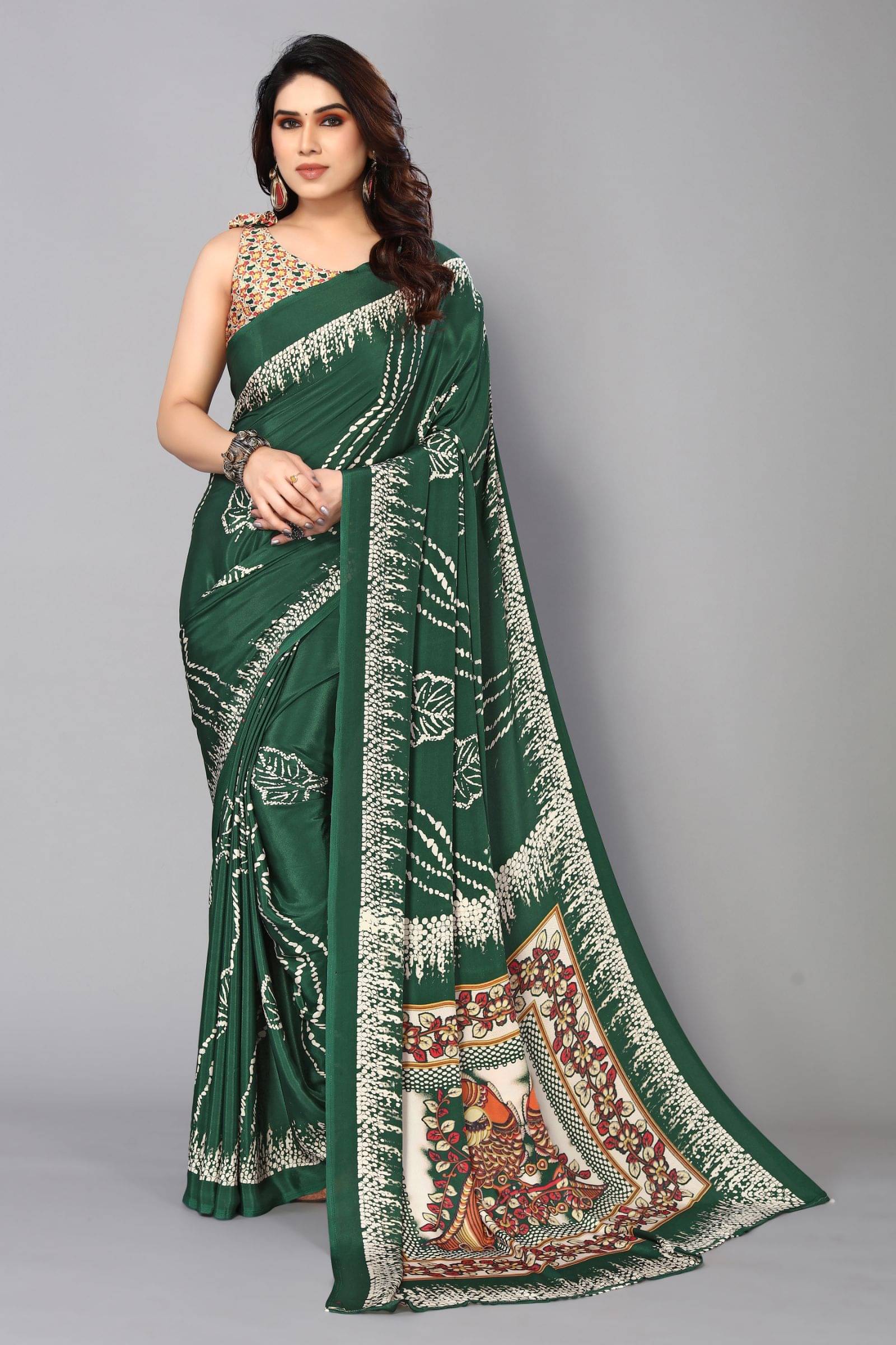     			FABMORA Crepe Printed Saree With Unstitched Blouse Piece ( Green )