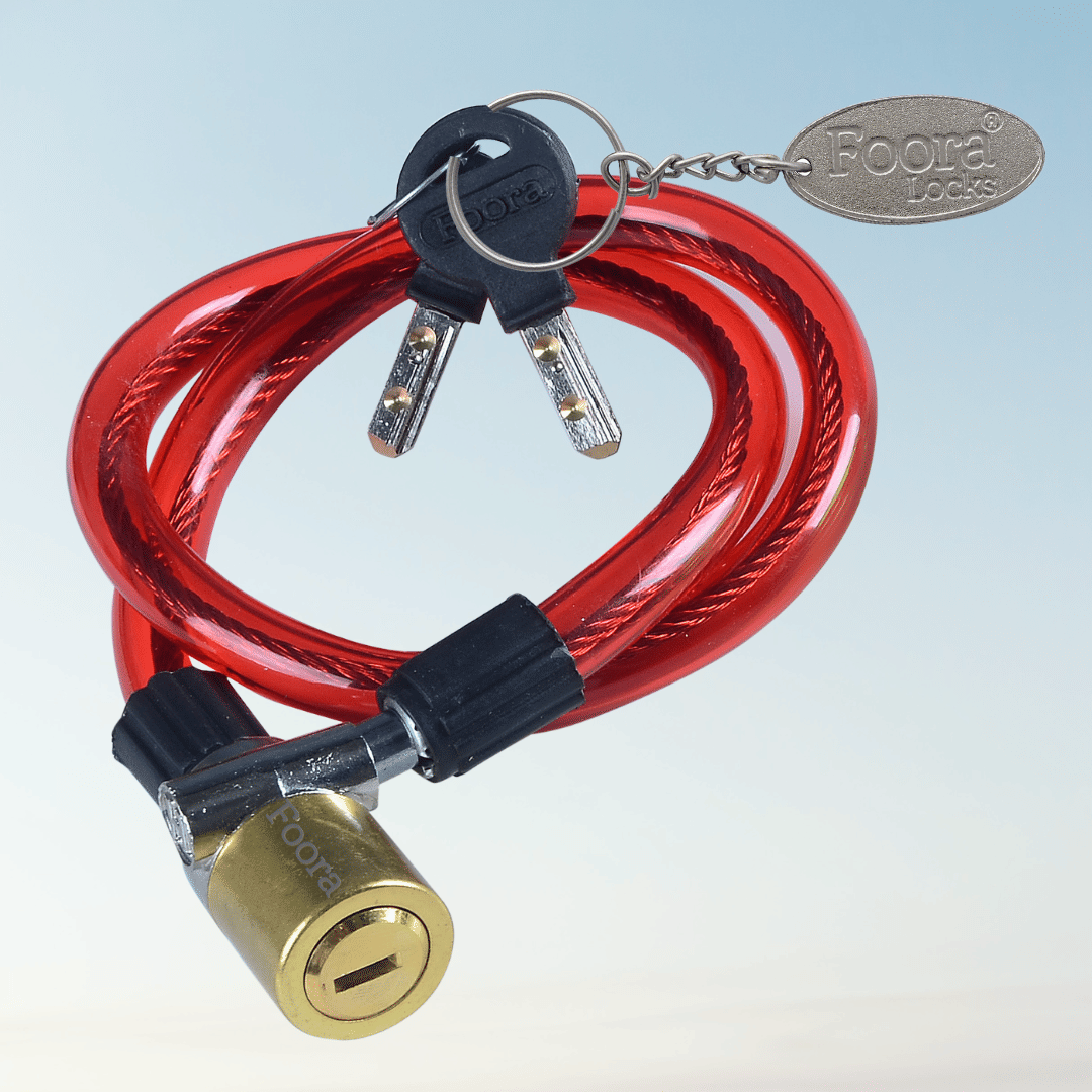 Foora Multipurpose Steel Cable Lock CL-02 Brass Coated Lock for Cycles, Bikes, Gate, Helmets and Scooters with 2 Ultra Brass Molded Keys (22 inch Approx.) Free Key Chain (Red)     			Foora Multipurpose Steel Cable Lock CL-02 Brass Coated Lock for Cycles, Bikes, Gate, Helmets and Scooters with 2 Ultra Brass Molded Keys (22 inch Approx.) Free Key Chain (Red)