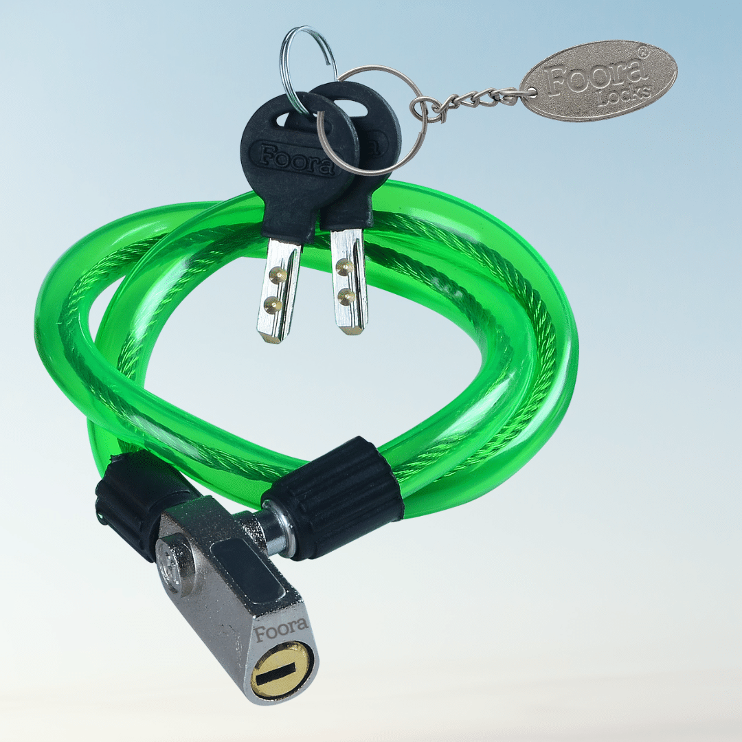     			Foora Multipurpose Steel Cable Lock CL-01 Zinc Lock for Cycles, Bikes, Gate, Helmets and Scooters with 2 Ultra Brass Molded Keys (22 inch Approx.) Free Key Chain (Green)