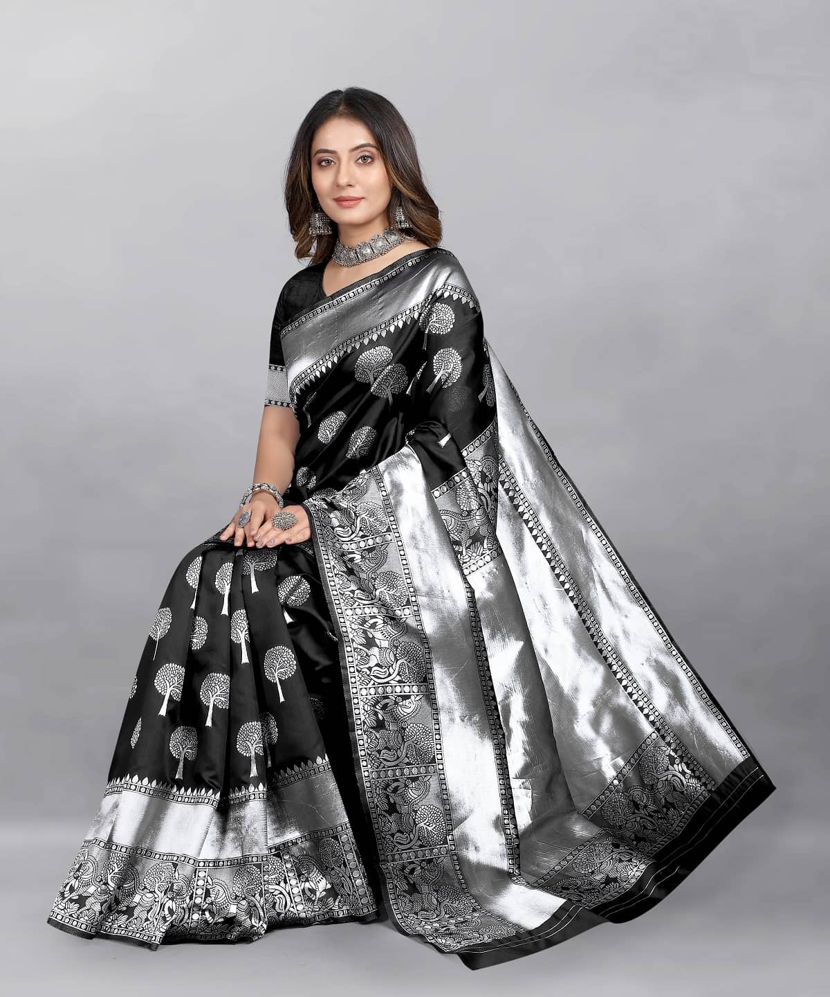 Gazal Fashions Banarasi Silk Woven Saree With Unstitched Blouse Piece ( Black ) - Sarees | Buy online on ZillyBuy