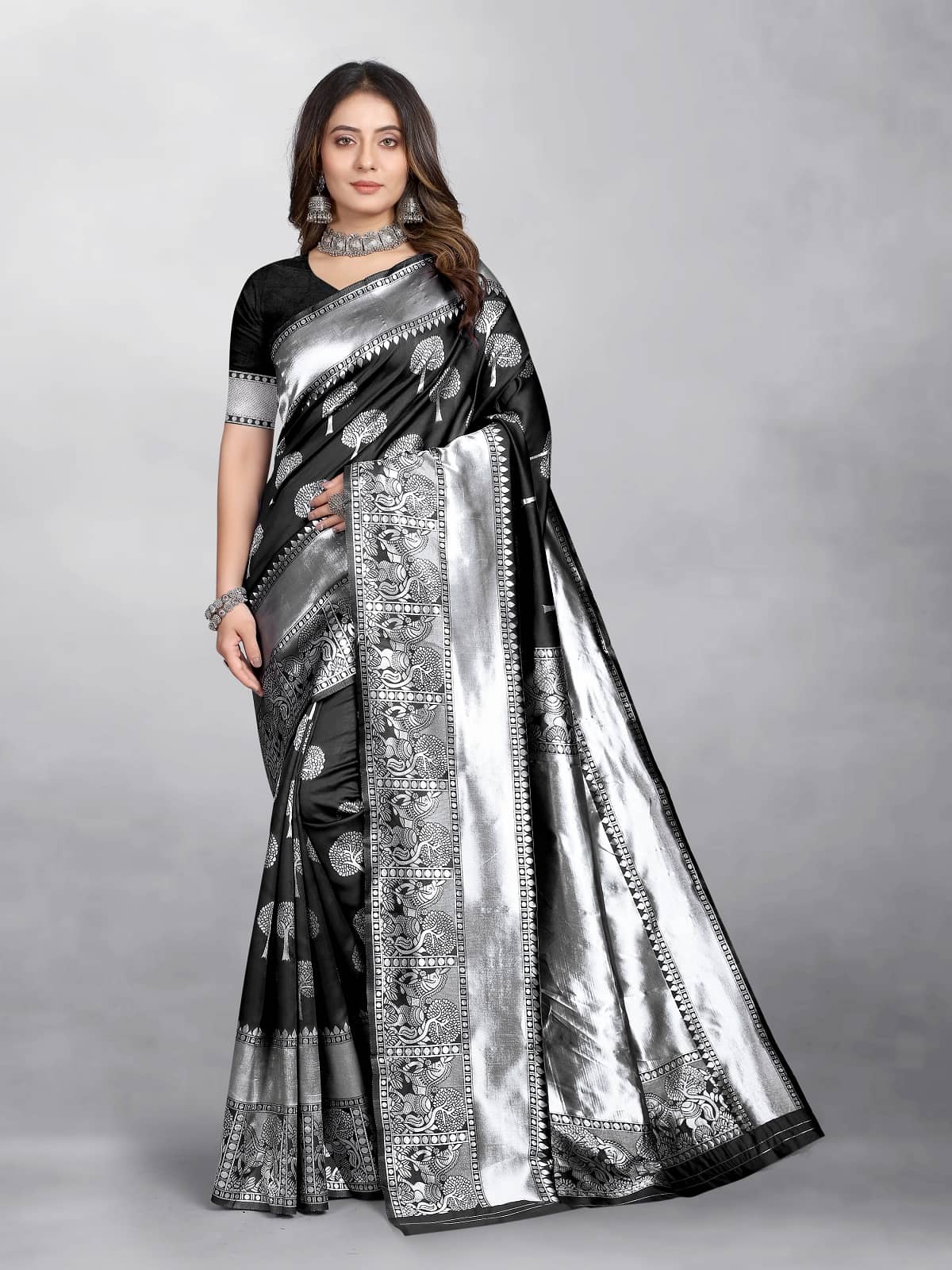 Gazal Fashions Banarasi Silk Embellished Saree With Unstitched Blouse Piece ( Black ) - Sarees | Buy online on ZillyBuy