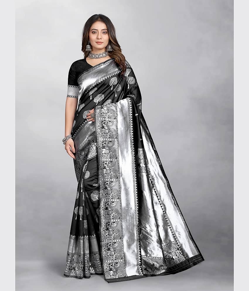 Gazal Fashions Banarasi Silk Embellished Saree With Unstitched Blouse Piece ( Black ) - Sarees | Buy online on ZillyBuy