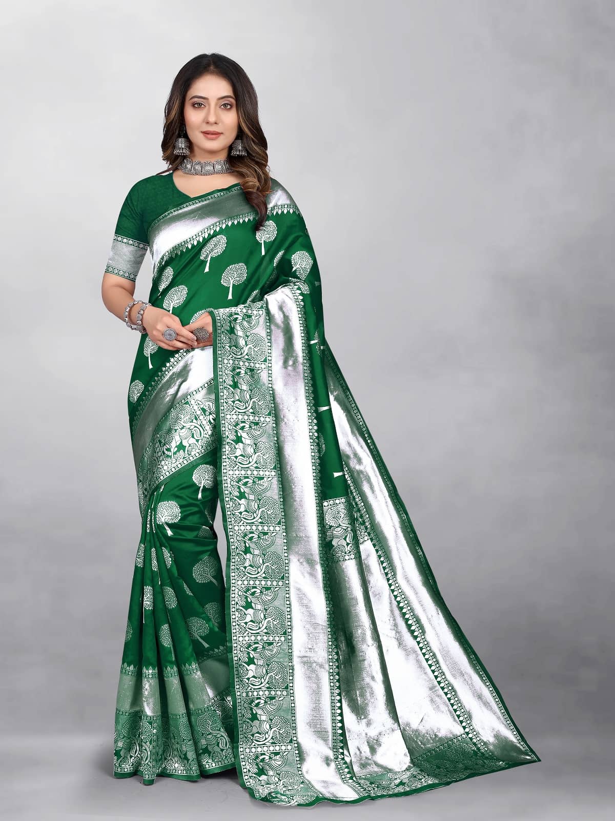 Gazal Fashions Banarasi Silk Embellished Saree With Unstitched Blouse Piece ( Green ) - Sarees | Buy online on ZillyBuy