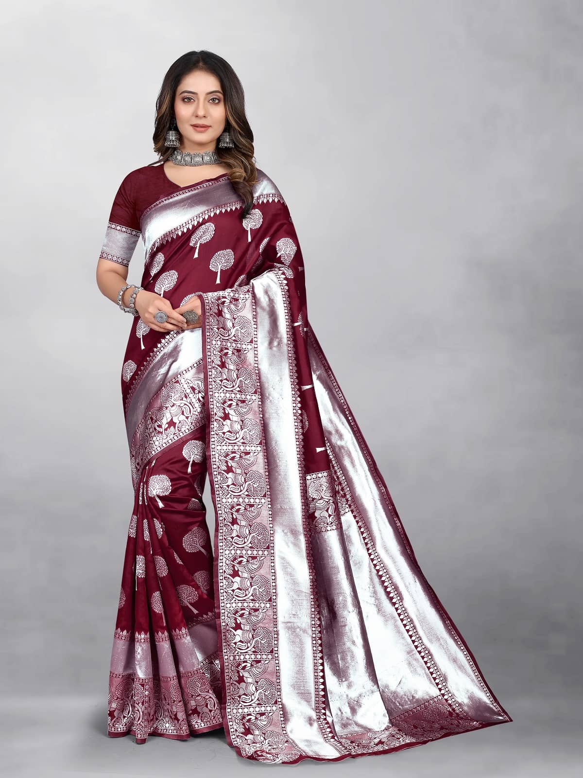 Gazal Fashions Banarasi Silk Embellished Saree With Unstitched Blouse Piece ( Maroon ) - Sarees | Buy online on ZillyBuy