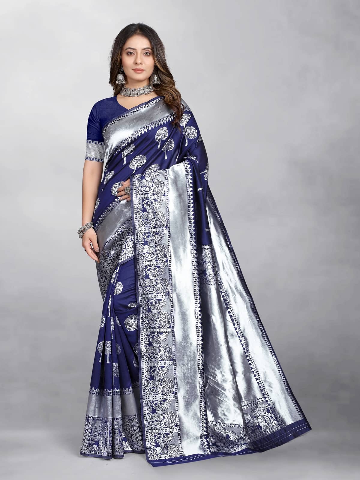 Gazal Fashions Banarasi Silk Embellished Saree With Unstitched Blouse Piece ( Navy Blue ) - Sarees | Buy online on ZillyBuy
