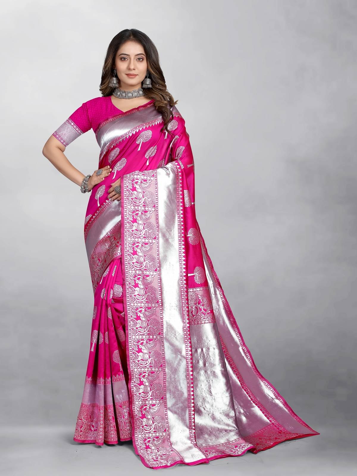     			Gazal Fashions Banarasi Silk Embellished Saree With Unstitched Blouse Piece ( Pink )