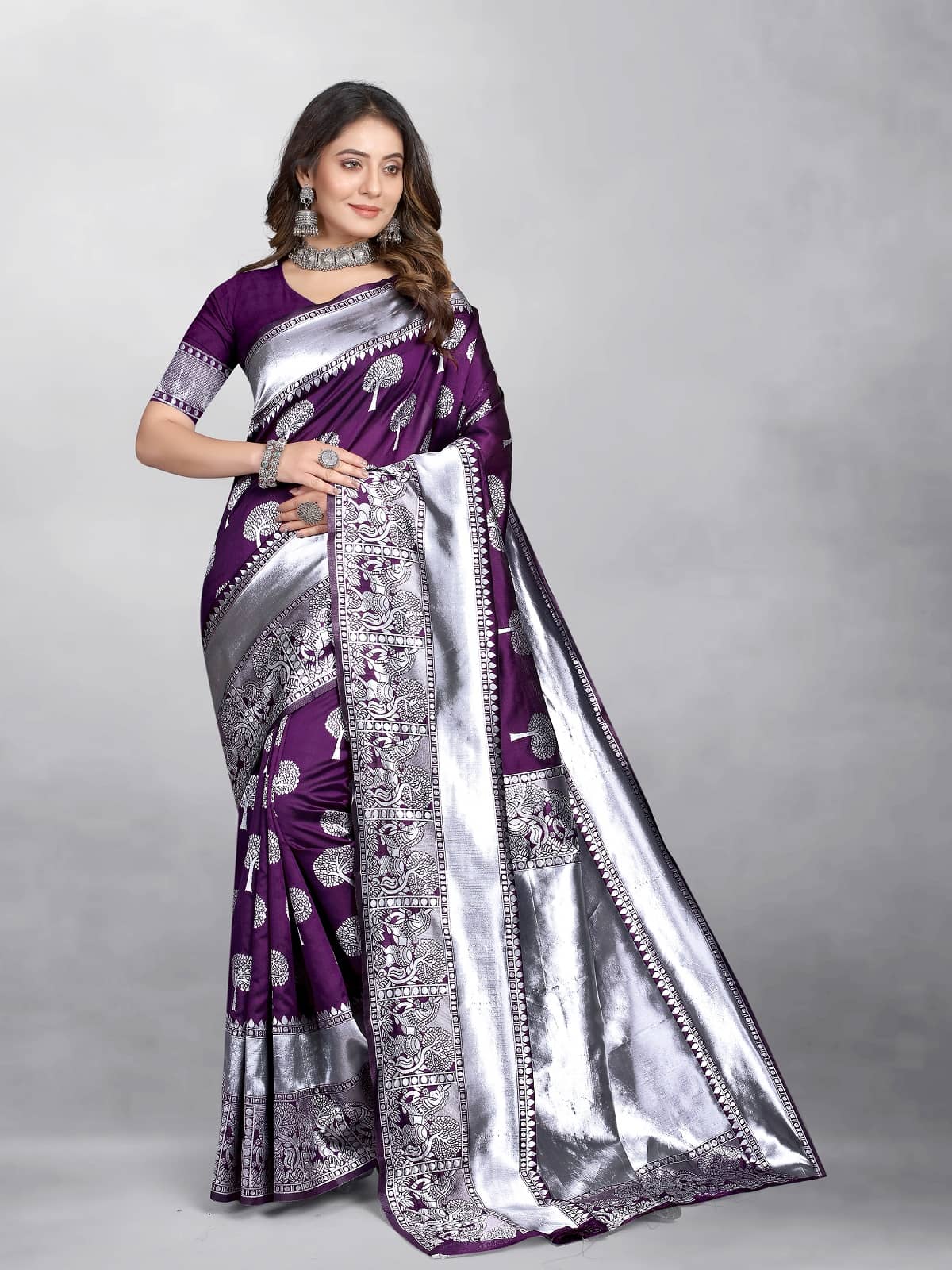 Gazal Fashions Banarasi Silk Embellished Saree With Unstitched Blouse Piece ( Purple ) - Sarees | Buy online on ZillyBuy